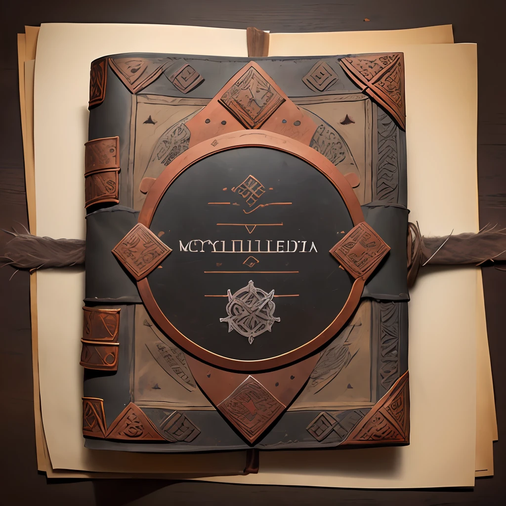 the front cover of an ancient medieval Italian codex, scruffy brown leather with copper and silver decorations, paper etiquette with mystical text in black ink, view from above, centred, extremely high details, scruffy:1.5, rough:1.5, stained:1.5, muted natural colours:1.5