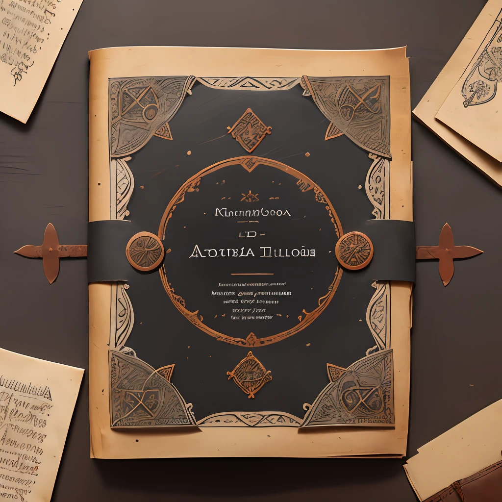 the front cover of an ancient medieval Italian codex, scruffy brown leather with copper and silver decorations, paper etiquette with mystical text in black ink, view from above, centred, extremely high details, scruffy:1.5, rough:1.5, stained:1.5, muted natural colours:1.5