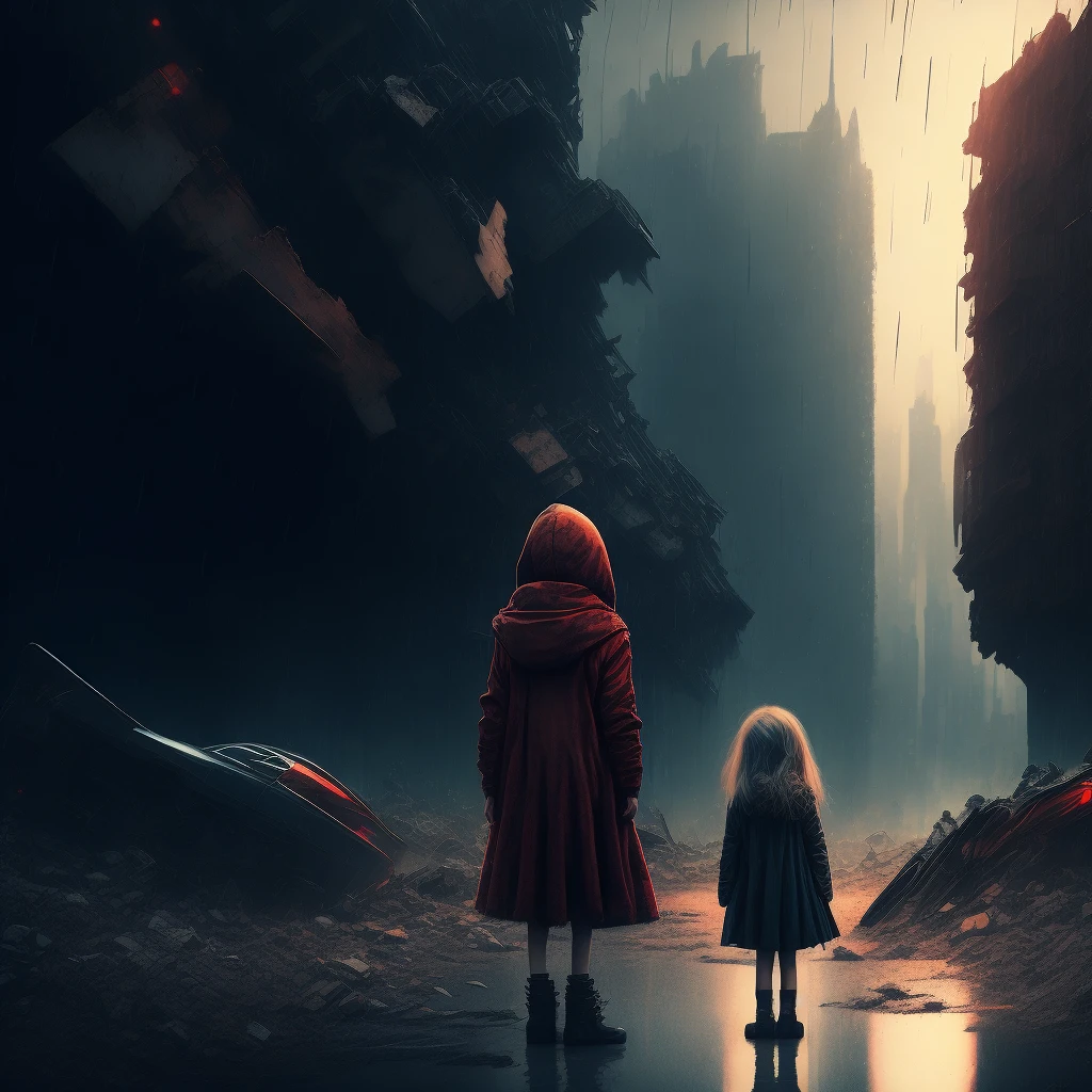 Little girl lost on street of dystopian futuristic city, view from back, rubble, rain, cold, matte painting, cars