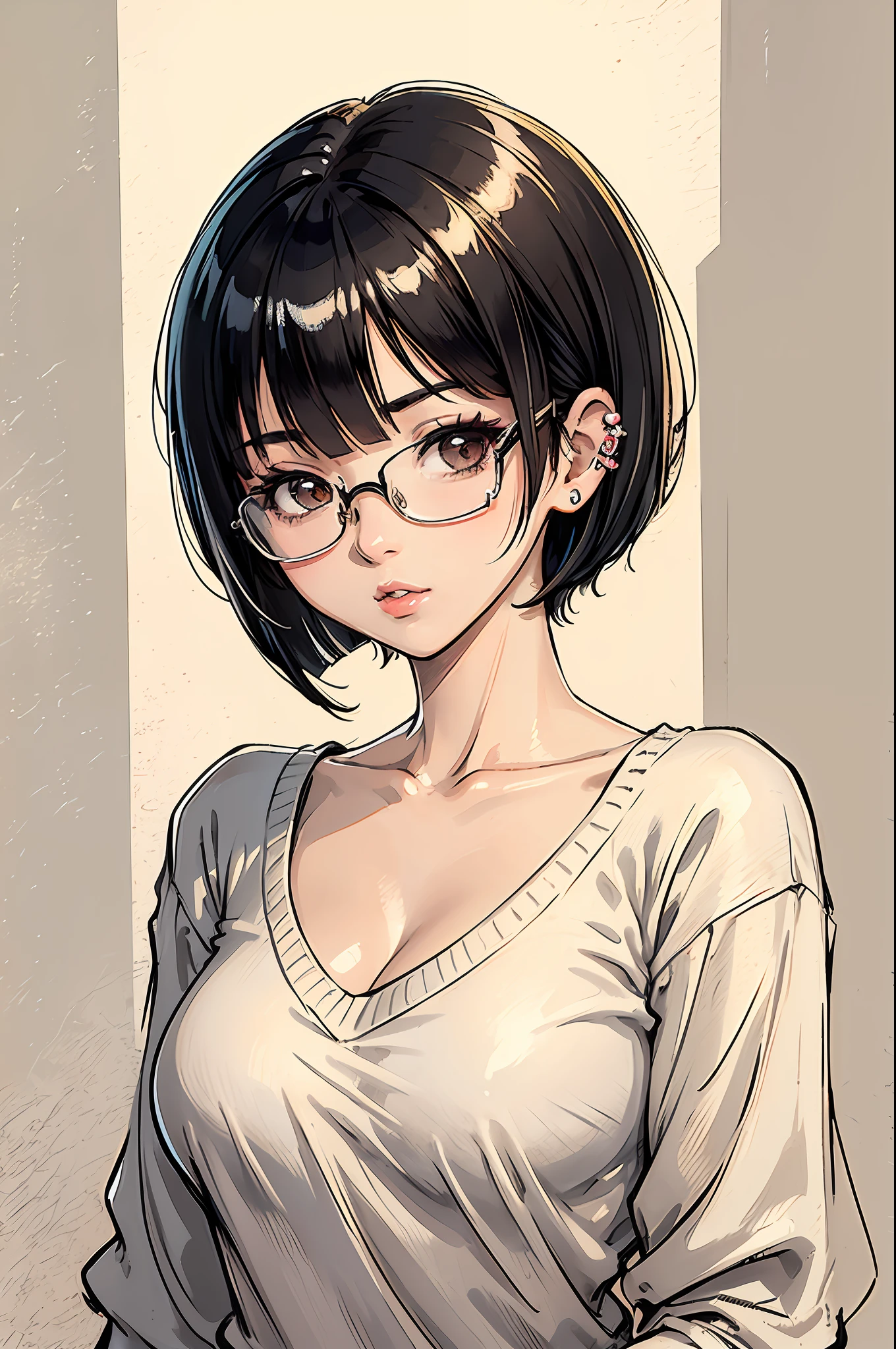 (masterpiece:1.2, best quality), (dinamic lighting) 1lady, solo, short hair, big breasts, (shiny skin:1.2), upper body, glasses, modern, black bob cut hair,, flower on ear, harajuku style, hair pin, , v neck sweater, scar on eye