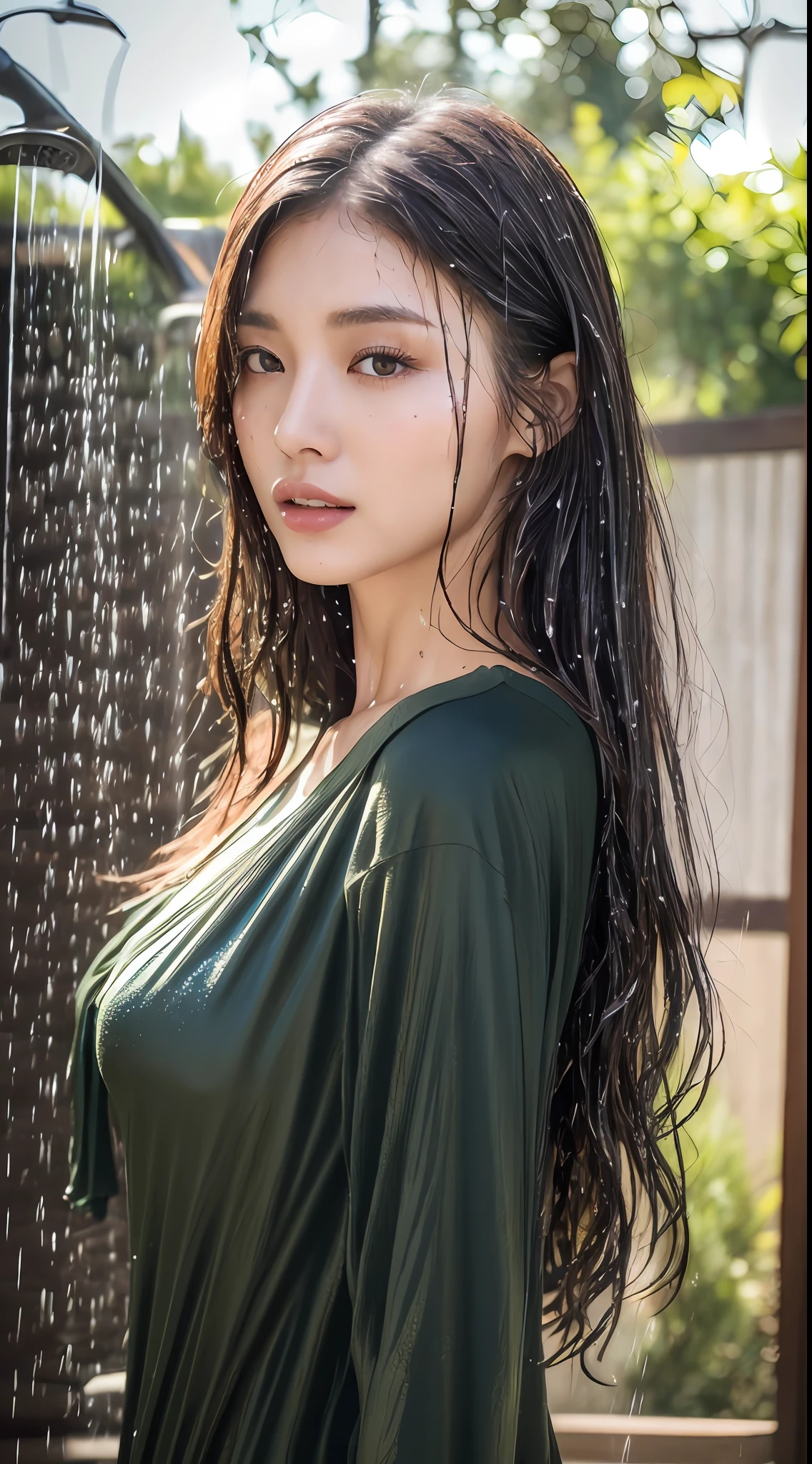 (Best quality, 4k, Masterpiece :1.3), glamorous Japanese woman, 1girl, (skinny, perfect body :1.2), abs :1.1, dark brown hair: 1.1, (outdoor shower, wet clothes :1.2), lace clothes, ultra-detailed face, detailed lips, detailed eyes, double eyelid