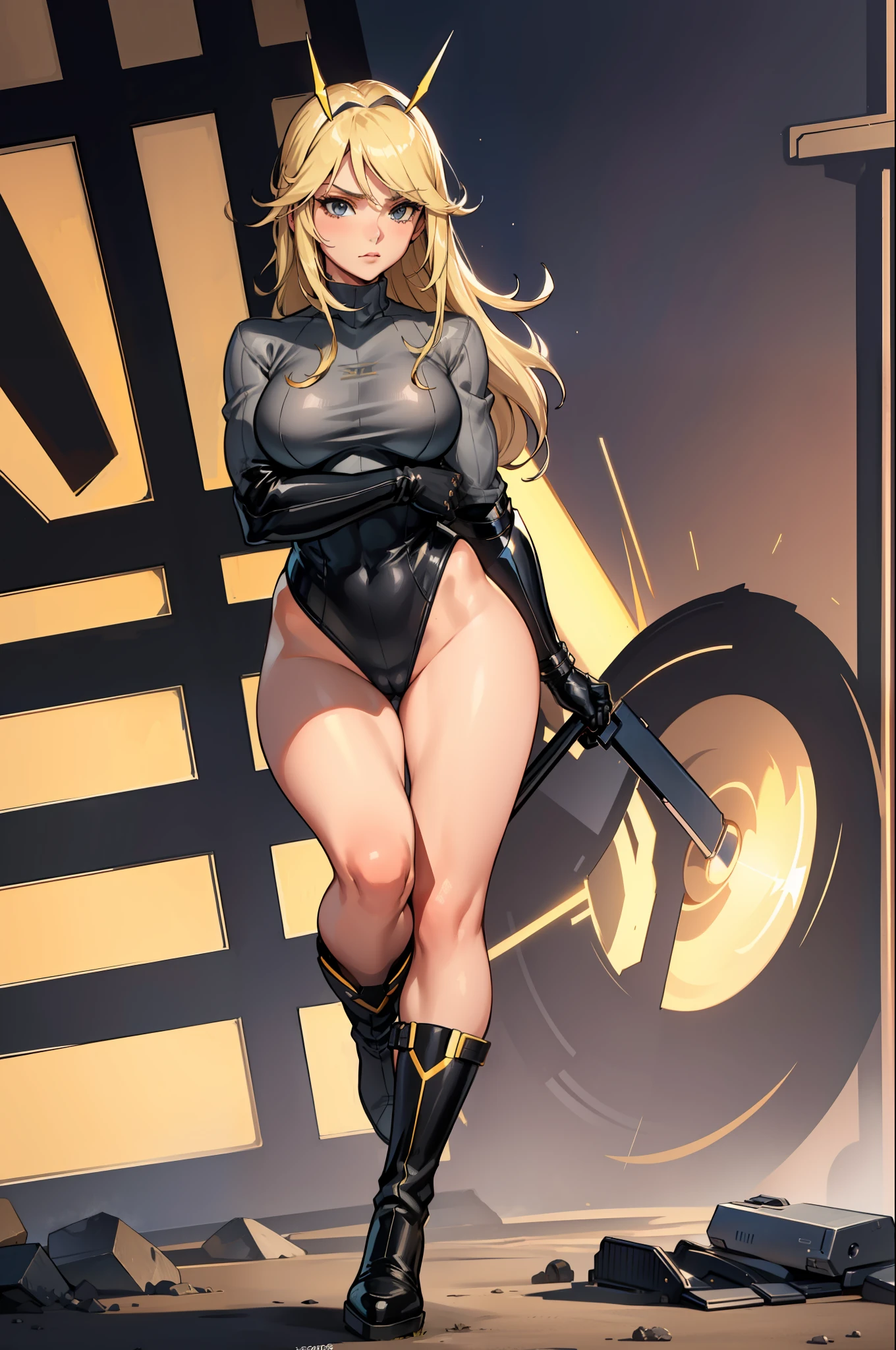 masterpiece, best quality, agrias, grey sweater, black leotard, twirl, blonde hair, superhero, boots, tornado, whirlwind, solo, ???? legs