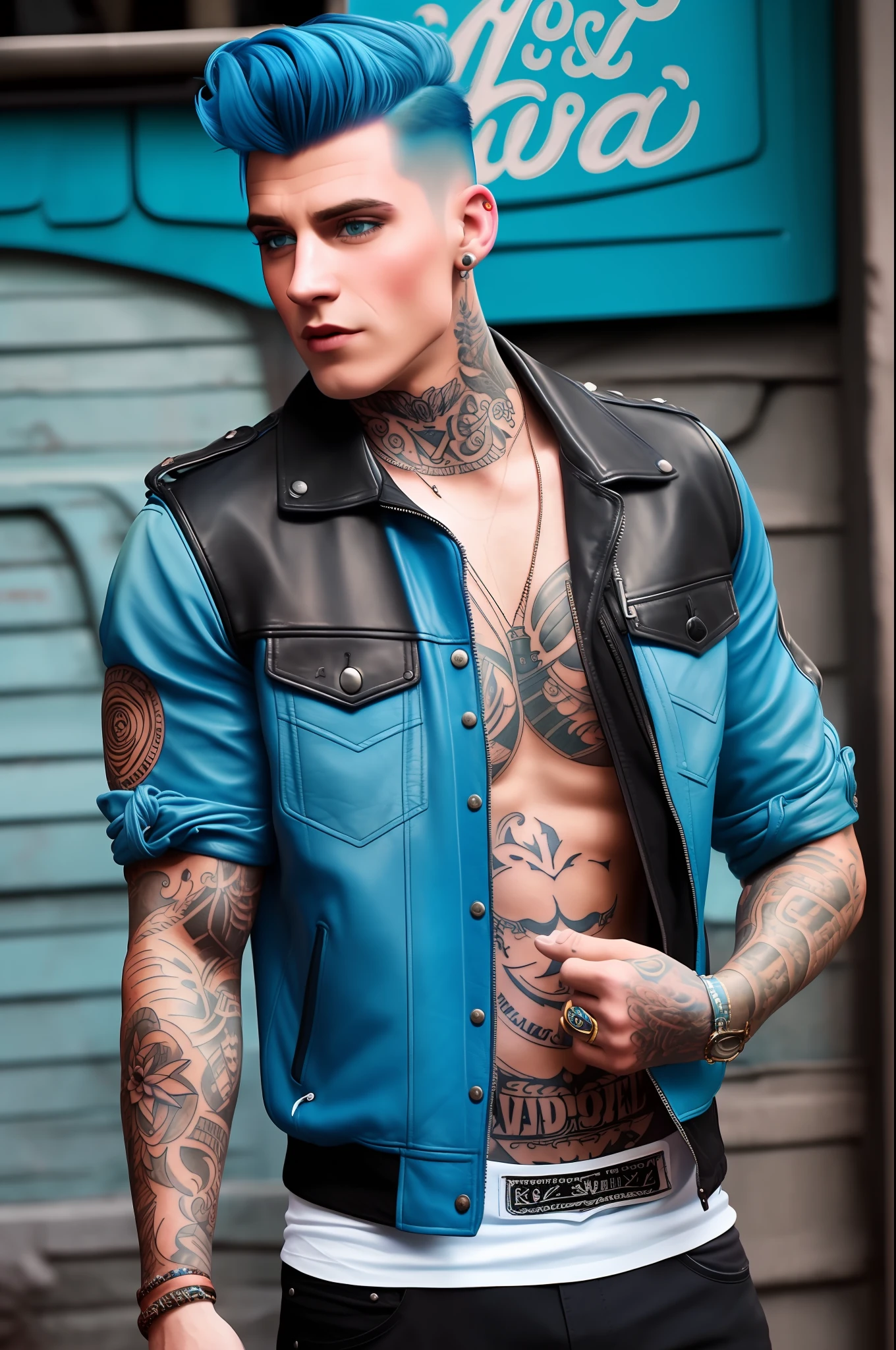 Disney Style Man Arm Tattoos Hair Up Short Hair Blue Hair Leather Jacket Sleeveless Jacket City Tattoo