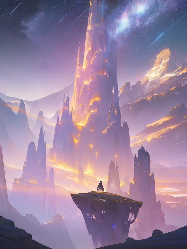 Starry Sky with Mountains and Meadows, Jessica Rossier Fantasy Art, Magic Highlights Concept Art, Official Artwork, Dream Painting, Ethereal Realm, Atmospheric Artwork, Dreamy Matte Painting, Tranquil Endless Stars, Starry environment under the moonlight, epic music album cover.