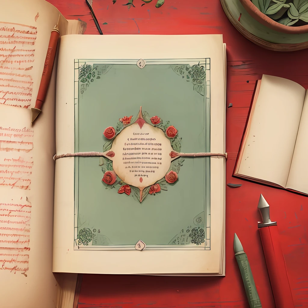the front cover of an ancient medieval Italian codex, pale green and red parchment, rose illustrations, vignette, text in red ink ink, view from above, centred, extremely high details, scruffy:1.5, rough:1.5, stained:1.5, bright natural colours:1.5
