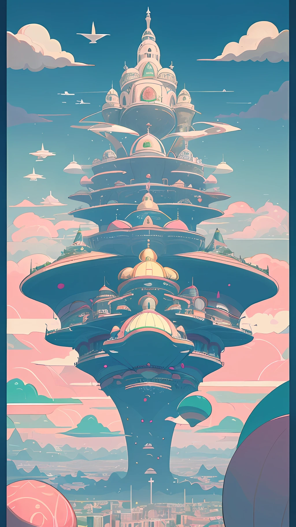 A kooky and whimsical image of a futuristic world, designed in Wes Anderson’s signature symmetrical style with high saturation colors.

The world is populated by fantastical and unusual architecture, with towering spires and bulbous domes painted in bright pinks, greens, and blues. The buildings are laid out symmetrically, creating a sense of order and balance in the bustling metropolis.

The sky is filled with airships and flying cars, moving in a sublime, labyrinthine pattern. AI-driven robots in sleek white hover around delivering parcels, while giant, luminescent sea creatures made of plastic float slowly through the sky.

The colors in this utopia are rich and saturated, with pastel pinks and blues contrasting against vivid greens and yellows. Everything is meticulously arranged, as evidence by the neat rows of buildings and the orderly traffic in the sky.

Overall, the image captures the essence of Wes Anderson's style, with its symmetry and bright, quirky design elements. It is a playful and whimsical representation of a futuristic world, where anything seems possible and the sky is the limit.