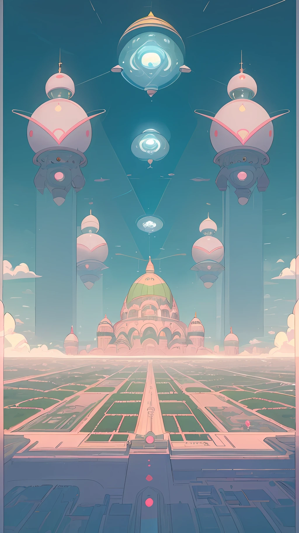 A kooky and whimsical image of a futuristic world, designed in Wes Anderson’s signature symmetrical style with high saturation colors.

The world is populated by fantastical and unusual architecture, with towering spires and bulbous domes painted in bright pinks, greens, and blues. The buildings are laid out symmetrically, creating a sense of order and balance in the bustling metropolis.

The sky is filled with airships and flying cars, moving in a sublime, labyrinthine pattern. AI-driven robots in sleek white hover around delivering parcels, while giant, luminescent sea creatures made of plastic float slowly through the sky.

The colors in this utopia are rich and saturated, with pastel pinks and blues contrasting against vivid greens and yellows. Everything is meticulously arranged, as evidence by the neat rows of buildings and the orderly traffic in the sky.

Overall, the image captures the essence of Wes Anderson's style, with its symmetry and bright, quirky design elements. It is a playful and whimsical representation of a futuristic world, where anything seems possible and the sky is the limit.