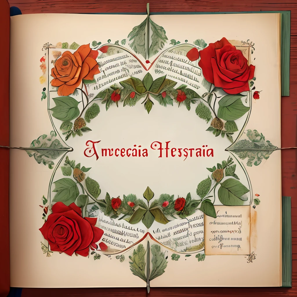 the front cover of an ancient medieval Italian herbal, pale green and red and yellow parchment, text in red ink ink, vignette, rose illustrations, floral illustrations, decorated margins, view from above, centred, extremely high details, scruffy:1.5, rough:1.5, stained:1.5, bright natural colours:1.5