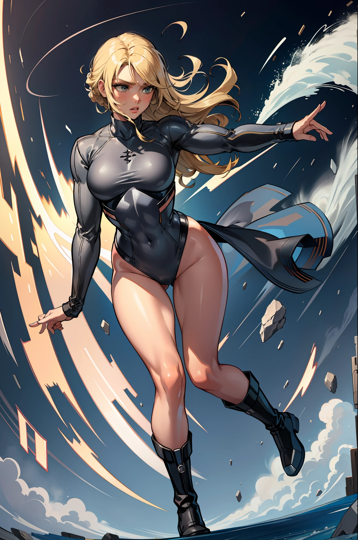 masterpiece, best quality, agrias, grey sweater, black leotard, twirl, spin, blonde hair, superhero, boots, tornado, whirlwind, solo, bare legs, whirl, wind effects, spinning into a tornado