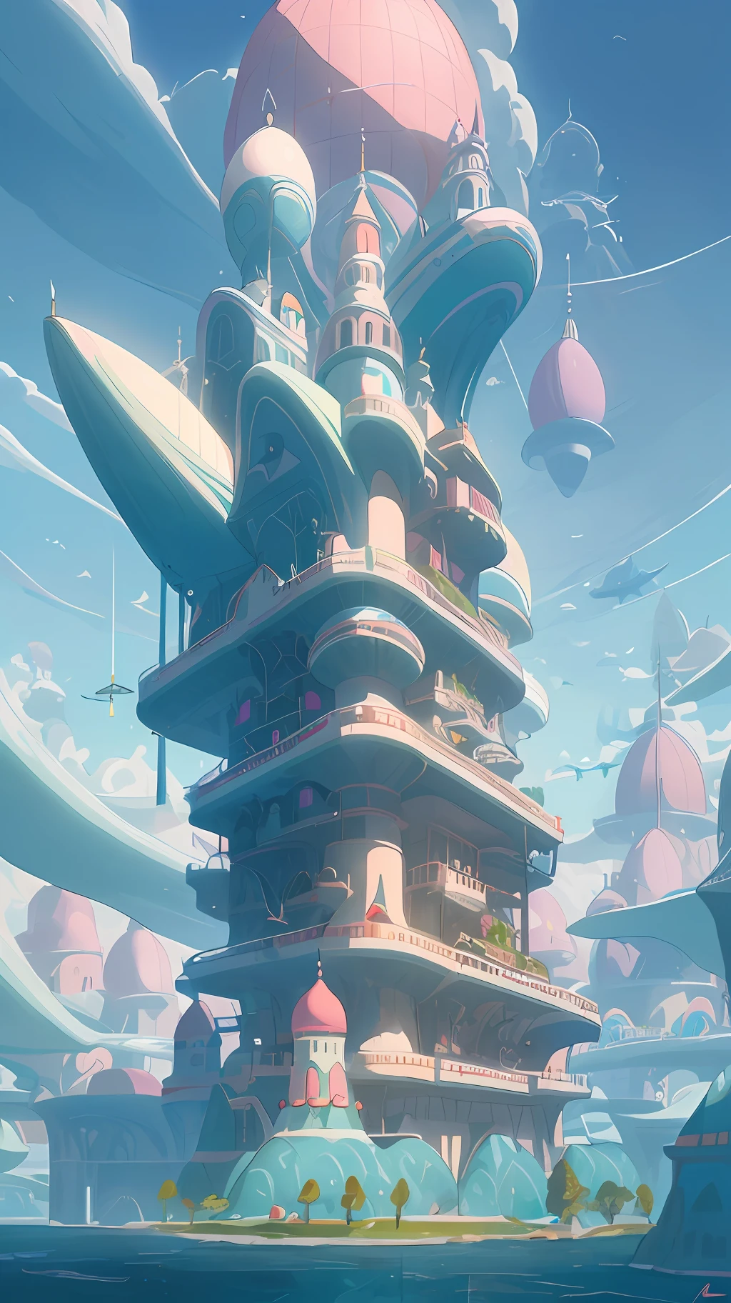 A whimsical and outlandish image of a future world, captured in Wes Anderson's signature style with high saturation colors. The world is populated by fantastical and unusual architecture, with towering spires and bulbous domes painted in bright pinks, greens, and blues. The buildings are designed in a symmetrical layout that creates a sense of order and balance in the bustling metropolis.

The sky is filled with airships and flying cars, moving in a sublime, labyrinthine pattern that defies the imagination. AI-driven robots in sleek white hover around, delivering parcels, while giant, luminescent sea creatures made of plastic float slowly through the sky, mimicking an underwater landscape.

The colors in this utopia are rich and bold, with soft pink and blue contrasting against vivid greens and yellows. The building and the air corridors are painted in vivid and bold hues with lollipop stripes, adding an element of drama and whimsy to the image.

Overall, the image