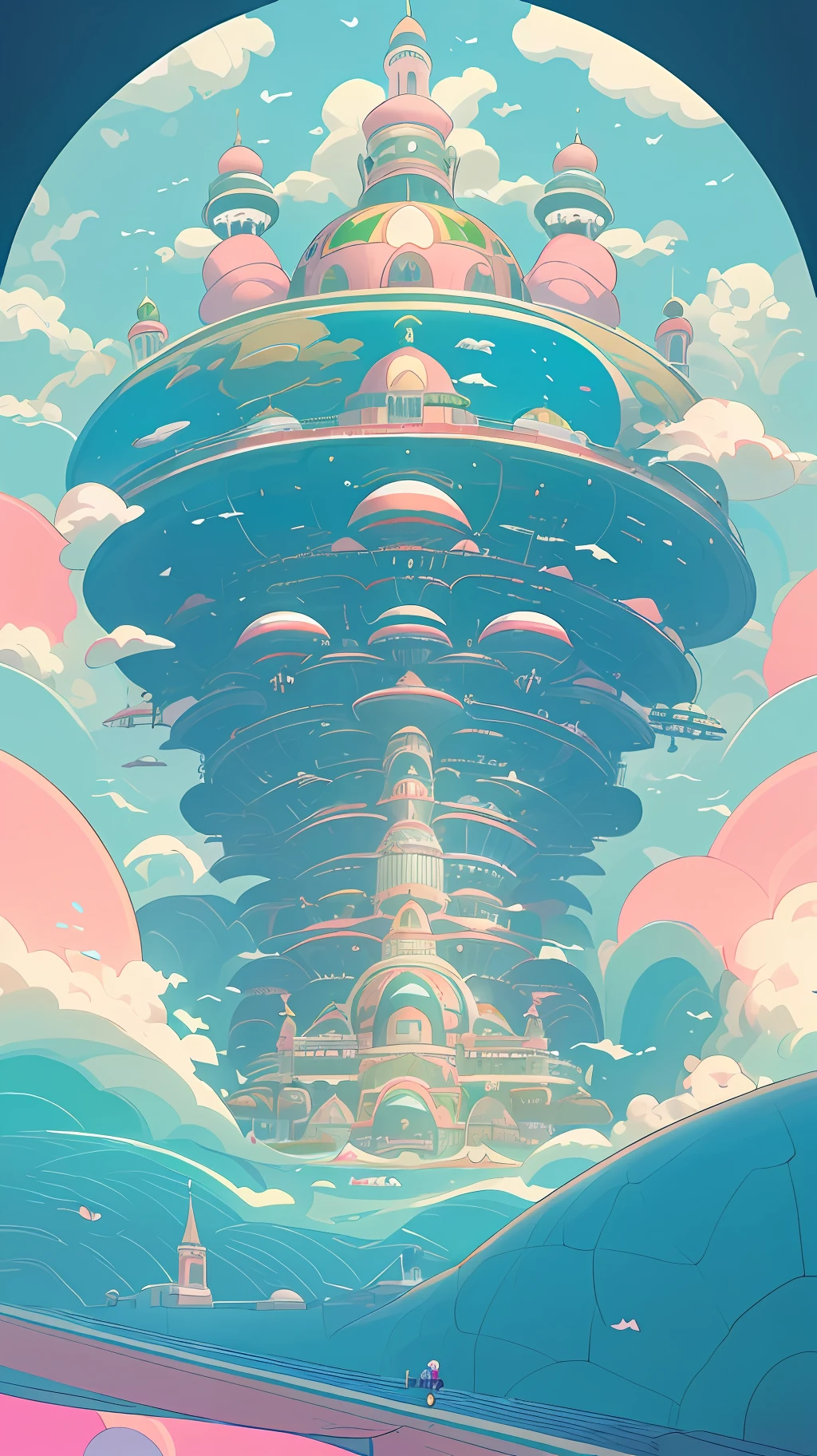 A whimsical and outlandish image of a future world, captured in Wes Anderson's signature style with high saturation colors. The world is populated by fantastical and unusual architecture, with towering spires and bulbous domes painted in bright pinks, greens, and blues. The buildings are designed in a symmetrical layout that creates a sense of order and balance in the bustling metropolis.

The sky is filled with airships and flying cars, moving in a sublime, labyrinthine pattern that defies the imagination. AI-driven robots in sleek white hover around, delivering parcels, while giant, luminescent sea creatures made of plastic float slowly through the sky, mimicking an underwater landscape.

The colors in this utopia are rich and bold, with soft pink and blue contrasting against vivid greens and yellows. The building and the air corridors are painted in vivid and bold hues with lollipop stripes, adding an element of drama and whimsy to the image.

Overall, the image