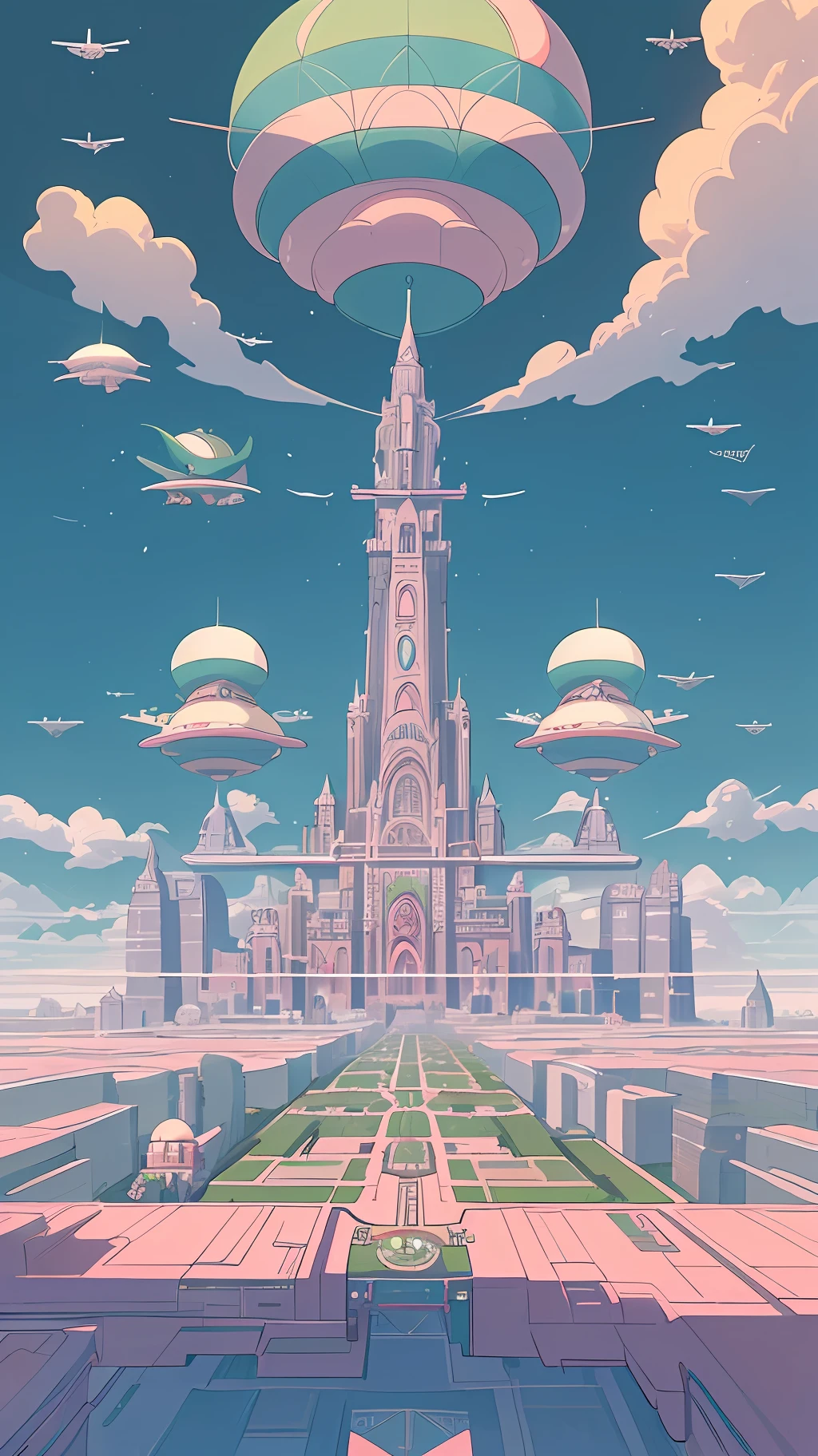 A kooky and whimsical image of a futuristic world, designed in Wes Anderson’s signature symmetrical style with high saturation colors.

The world is populated by fantastical and unusual architecture, with towering spires and bulbous domes painted in bright pinks, greens, and blues. The buildings are laid out symmetrically, creating a sense of order and balance in the bustling metropolis.

The sky is filled with airships and flying cars, moving in a sublime, labyrinthine pattern. AI-driven robots in sleek white hover around delivering parcels, while giant, luminescent sea creatures made of plastic float slowly through the sky.

The colors in this utopia are rich and saturated, with pastel pinks and blues contrasting against vivid greens and yellows. Everything is meticulously arranged, as evidence by the neat rows of buildings and the orderly traffic in the sky.

Overall, the image captures the essence of Wes Anderson's style, with its symmetry and bright, quirky design elements. It is a playful and whimsical representation of a futuristic world, where anything seems possible and the sky is the limit.