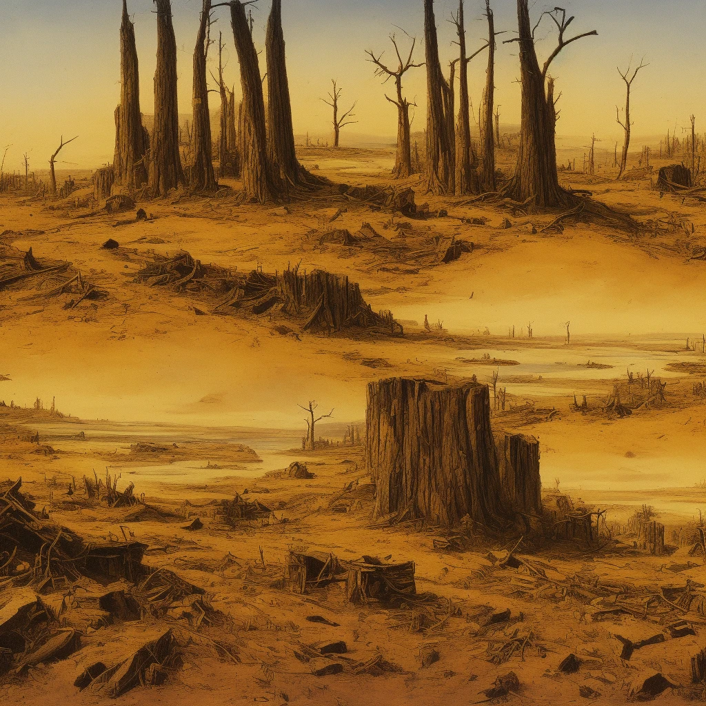 best quality, desolated, confident drawing inspired by Factorio, full of details, Tundra Biome, unconventional flora, balanced composition, perfect perspective, distinct, hand-drawing imitation, (railroad, an overgrown rolling-stocks), derelict, burnt trees, collapsed cliffs, tree breaking through the wall, puddles, ((dramatic)) scenery, streamlined setting, the ruins of the city are visible in the distance, [fov inspired by Machinarium]
