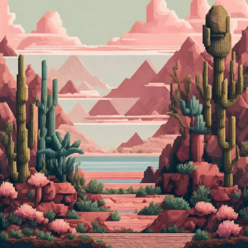 pixelart photorealistic stylized A photo of a desert landscape with pink sand dunes, a cactus, and a distant mesa., video game concept art