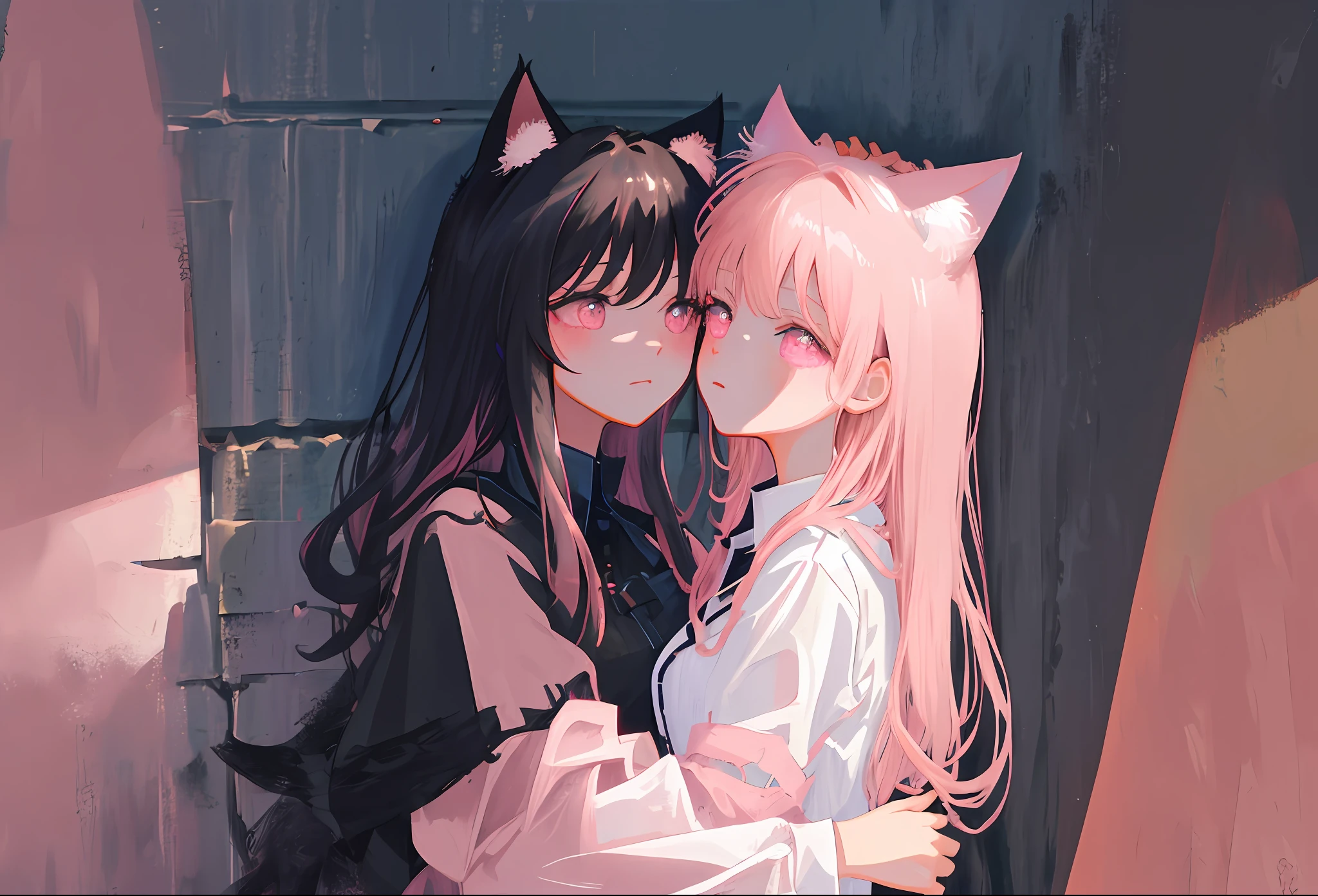 (best illustration, masterpiece) high resolution, close-up, soft skin, [(cat ears, black fur, pink inside:1.2), (press on the wall):1.3] Two girls, hugging