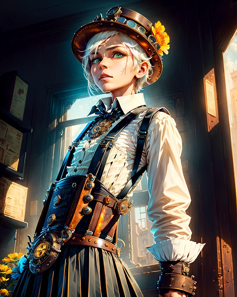 (steampunk:1.3), (collared shirt:1.3), steampunkai,  white shirt, clockwork garden, window, flowers, light_particles, 1girl, cowboy shot, solo, (white_hair, short_hair, green eyes), looking at viewer, (black pleated skirt, black suspenders:1.4), BREAK, (beautiful small city, detailed small city, many object,
