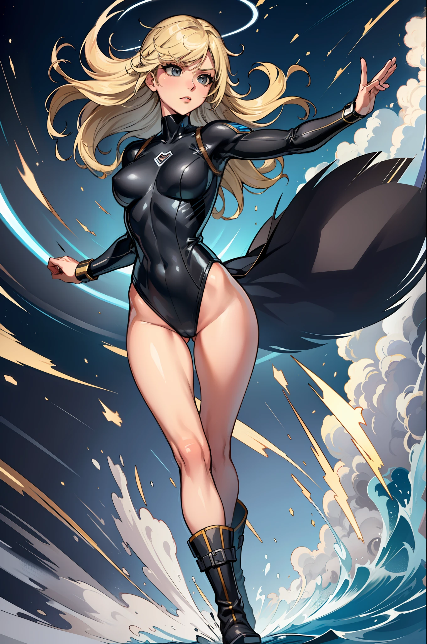 masterpiece, best quality, agrias, grey sweater, black leotard, twirl, spin, blonde hair, superhero, boots, tornado, whirlwind, solo, bare legs, whirl, wind effects, spinning into a tornado, fast spin, stand