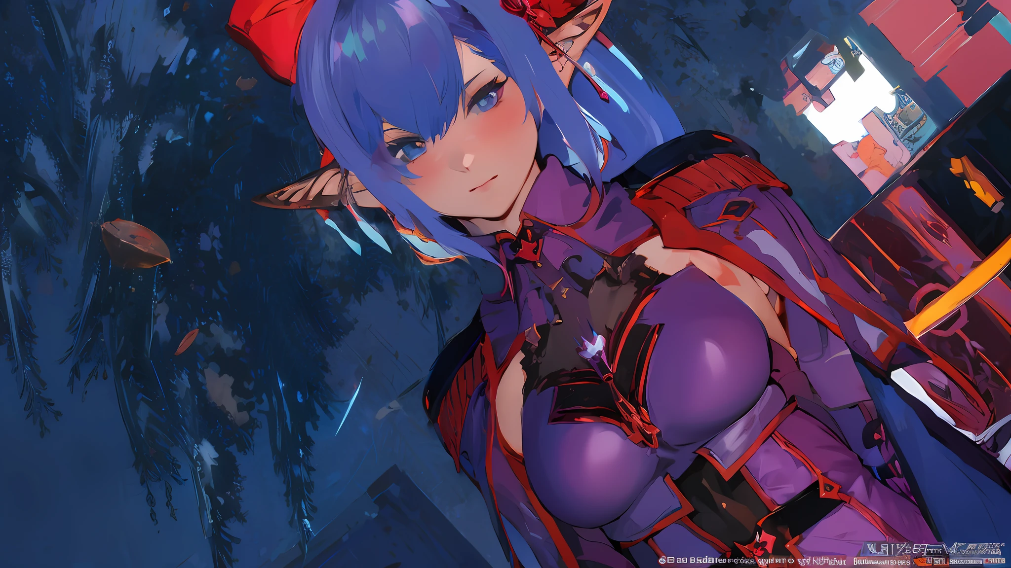anime character with purple hair and blue eyes standing in front of a building, hd screenshot, fuchsia skin beneath the armor, red magic surrounds her, fuchsia skin below the armor, final fantasy 1 4 screenshot, tranding on pxiv, v from devil may cry as an elf, final fantasy 14 style, character close up, elf girl wearing an flower suit