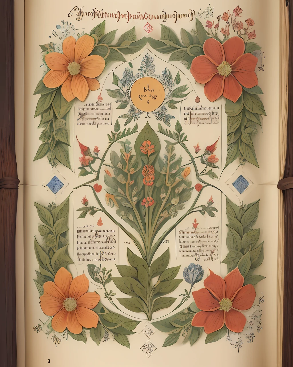 Detailed illustration of a medieval herbal manuscript with herbal illustrations, with floral illustrations, intricate text, exceptionally high details, aerial view from above, centred
