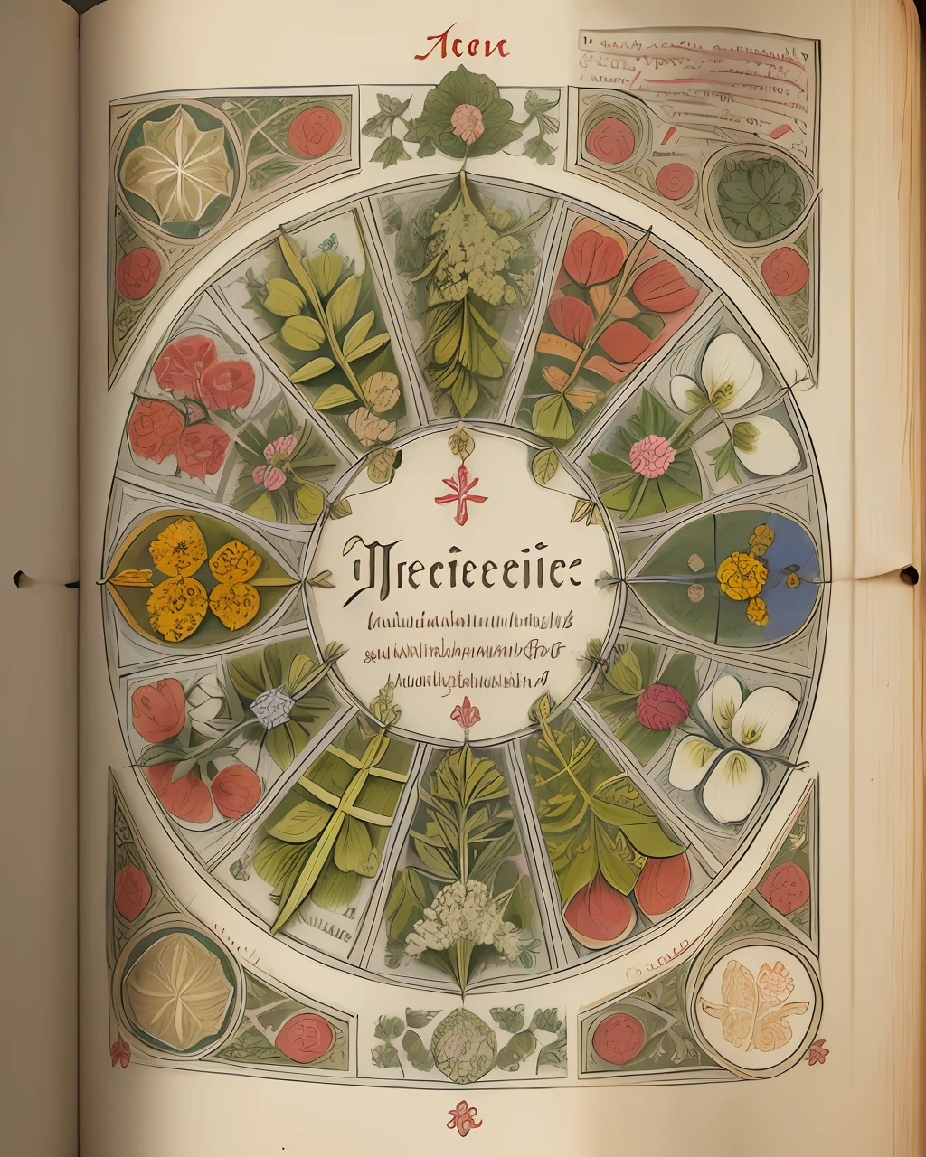 Detailed illustration of a medieval herbal manuscript with herbal illustrations, with floral illustrations, intricate text, exceptionally high details, aerial view from above, centred