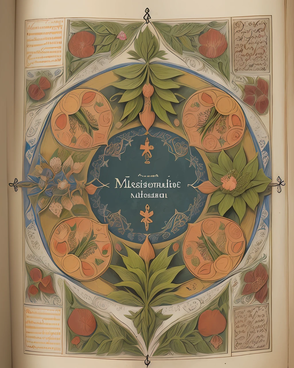 Detailed illustration of a medieval herbal manuscript with herbal illustrations, with floral illustrations, intricate text, exceptionally high details, aerial view from above, centred