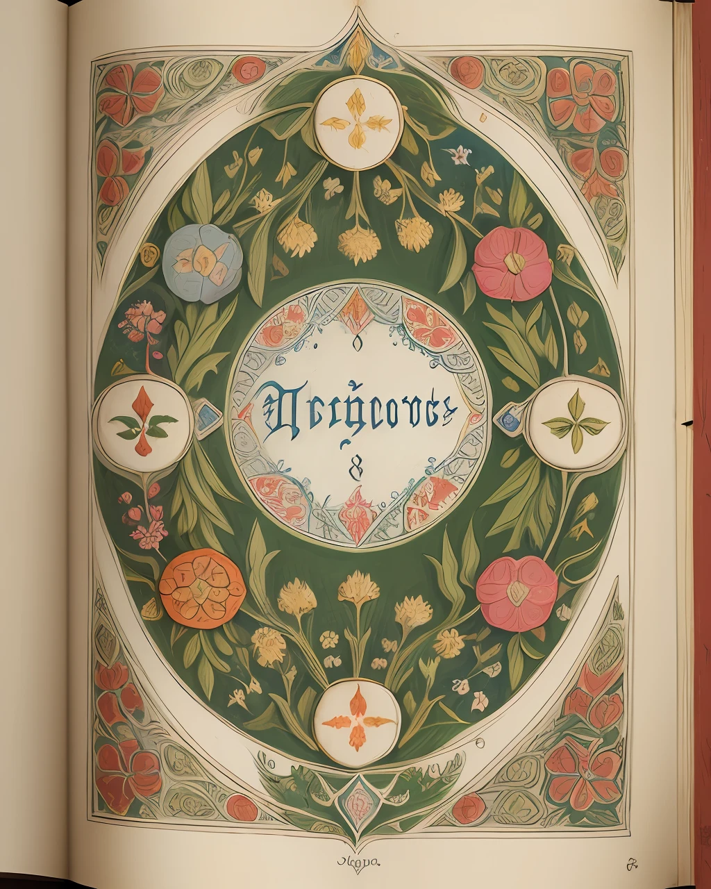 Detailed illustration of a medieval illuminated manuscript with herbal illustrations, with floral illustrations, with intricate text, exceptionally high details, aerial view from above, centred