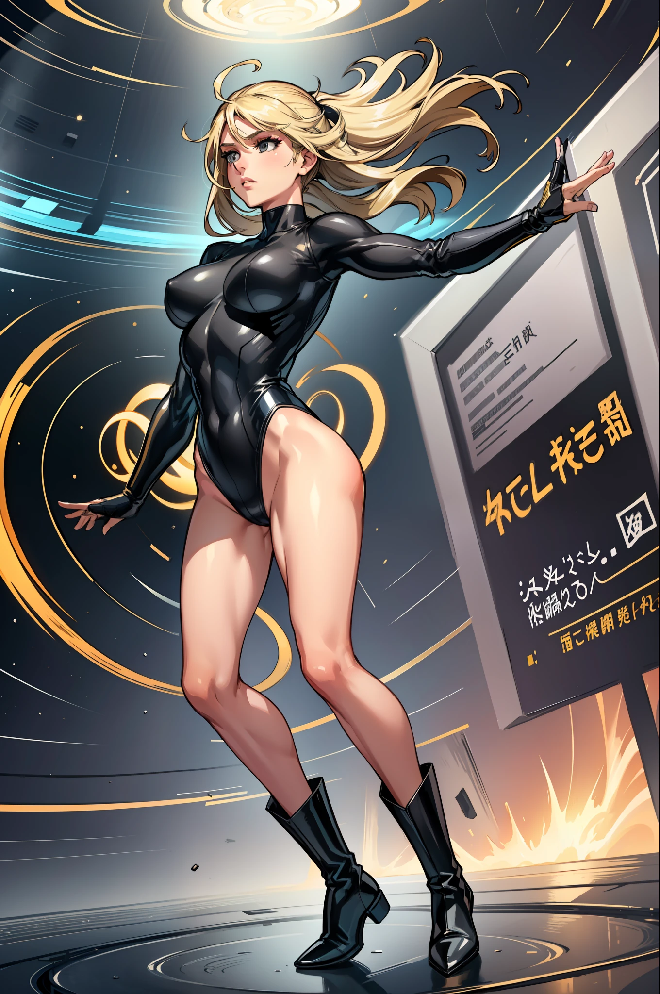 masterpiece, best quality, agrias, grey sweater, black leotard, twirl, spin, blonde hair, superhero, boots, tornado, whirlwind, solo, bare legs, whirl, wind effects, spinning into a tornado, fast spin, stand, time travel, travelling through time, highleg