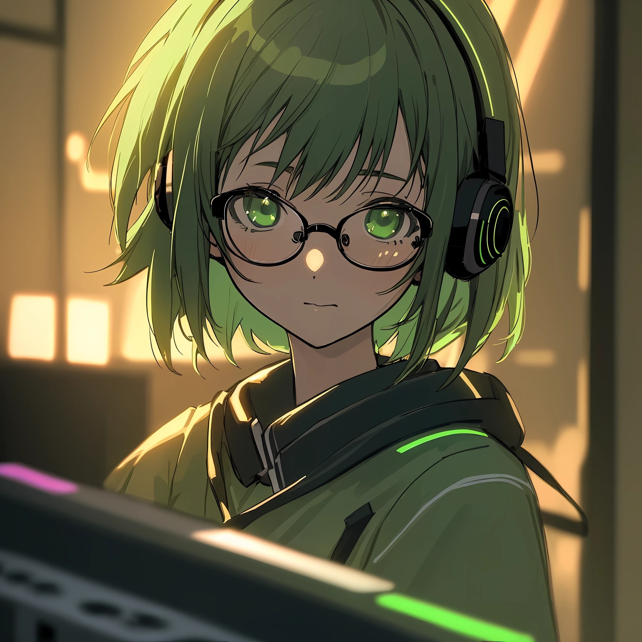 anime, deejaying girl, dj, dj girl, headphones, rave, (highest picture quality),masterpiece,best quality,extremely detailed CG wallpaper, ultra_detailed,(Cinematic Lighting:1.1), (cold face), green eyes, 1girl, solo, dark-green_hair, short_hair, masterpiece, best quality, glasses