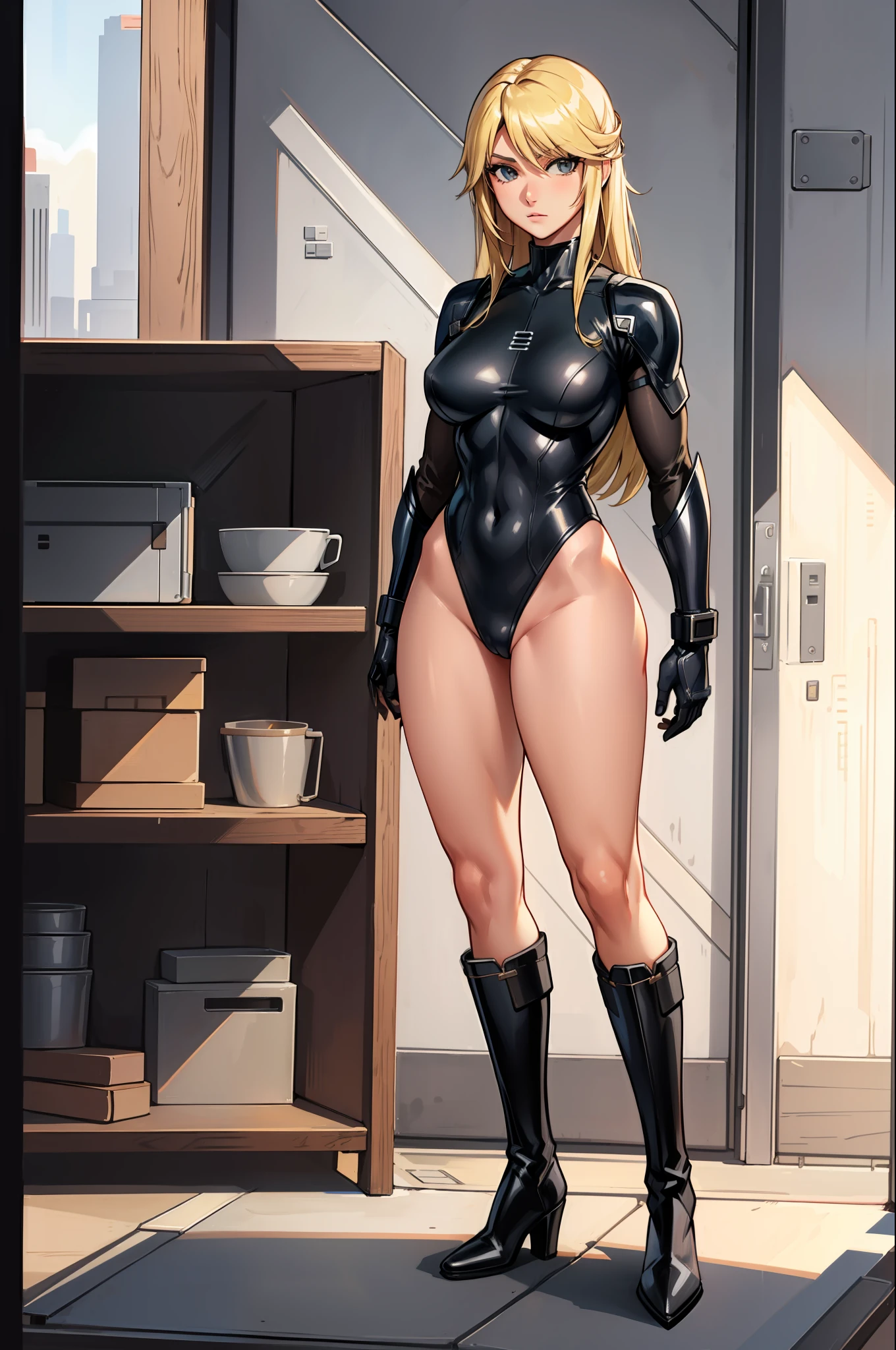 masterpiece, best quality, agrias, grey sweater, black leotard, standing, looking at viewer, blonde hair, superhero, boots, highleg