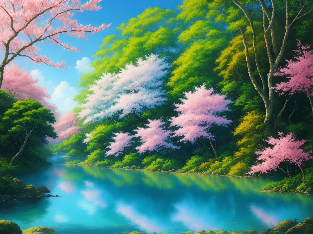 (highres:1.1), best quality, (masterpiece:1.2),  vivid color, digital painting, Jungle, water, natural beauty, peaceful oasis, sakura trees, blue sky