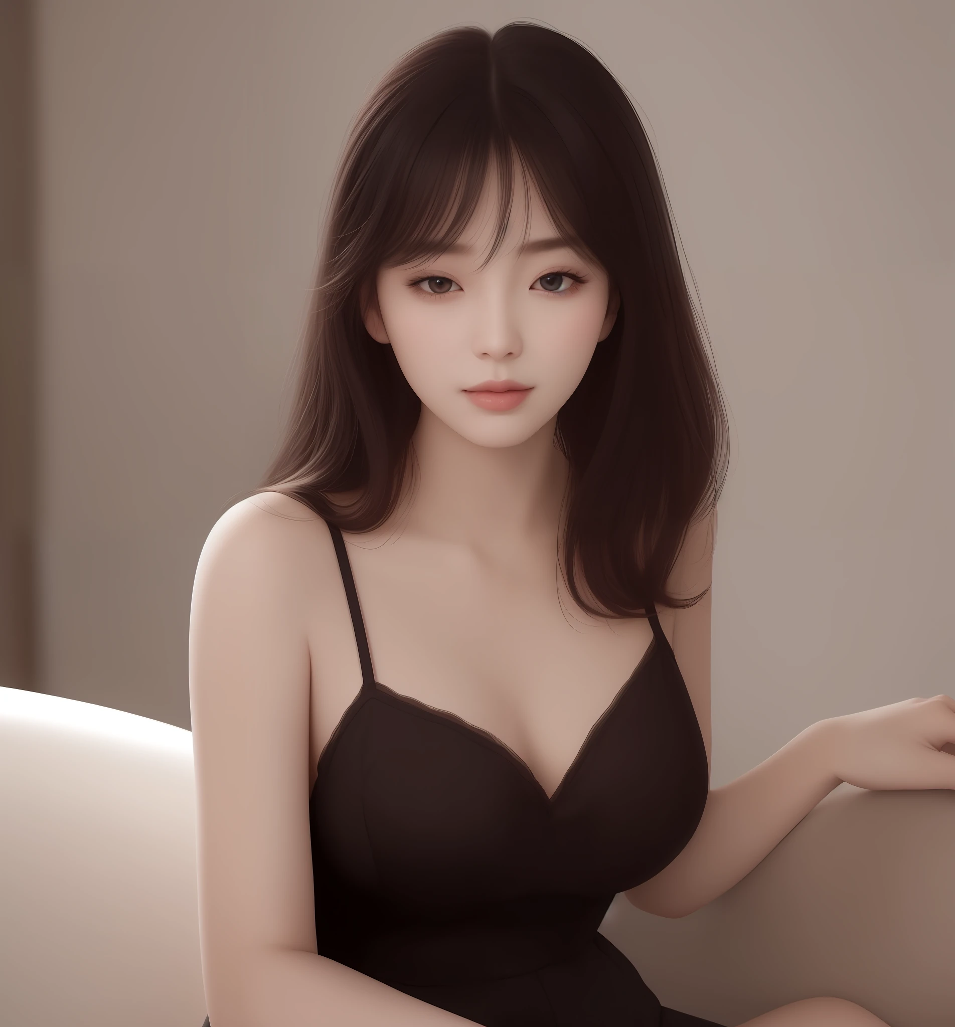 Woman in black dress sitting on sofa and holding candle, gorgeous young korean woman, beautiful south korean woman, beautiful young korean woman, seductive lingerie camisole, korean woman fashion model, ethereal beauty, heonhwa choe, Lovely woman, a mature and charming Korean woman, wearing a black camisole, seductive camisole, half-length photo, body facing forward and slightly tilted head, sexy provocative pose, beautiful and delicate face, pink lips, closed eyes, a The face is shy, the shoulders are slightly exposed, the chest is looming, the focus is on the face, the attractive and exquisite clavicle, ultra-high resolution, supple skin, very realistic details, simple background, close-up of the upper body, only the part above the waist, ultra-high-definition, outstanding details, 8K, face is blushing, seductive, sexy shoulders, intellectual and elegant, blushing cheeks, upper lip biting lower lip, eyes slightly closed, extremely shy,