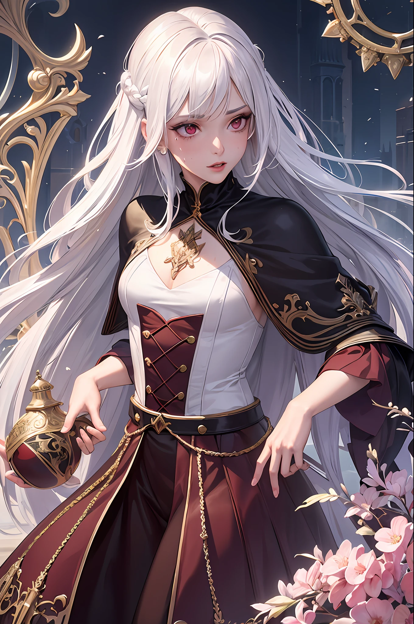 (masterpiece, top quality, best quality, official art, beautiful and aesthetic:1.2), (1girl:1.3), (fractal art:1.3),absurd, masterpiece, best quality, realistic, hyper-detailed, (shiny skin, sweaty:1.4), looking at viewer, slender, 1girl, solo,  white sneakers, white miniskirt, straight long hair, princess cut, purple hair, red eyes, (thick thighs:0.5), dynamic lighting, high resolution, sharp focus, depth of field, small breasts,vampire, red alchemy potions,  red alchemy potion, potion bottle, glowing red potion, masterpiece, best quality, ultra-detailed, illustration, ultra-detailed face, best quality face, evil, 30 years old, adult, 1girl, 30 years old,  no human, white hair, alchemy outfit, intricate detailed outfit, detailed lips, detailed face