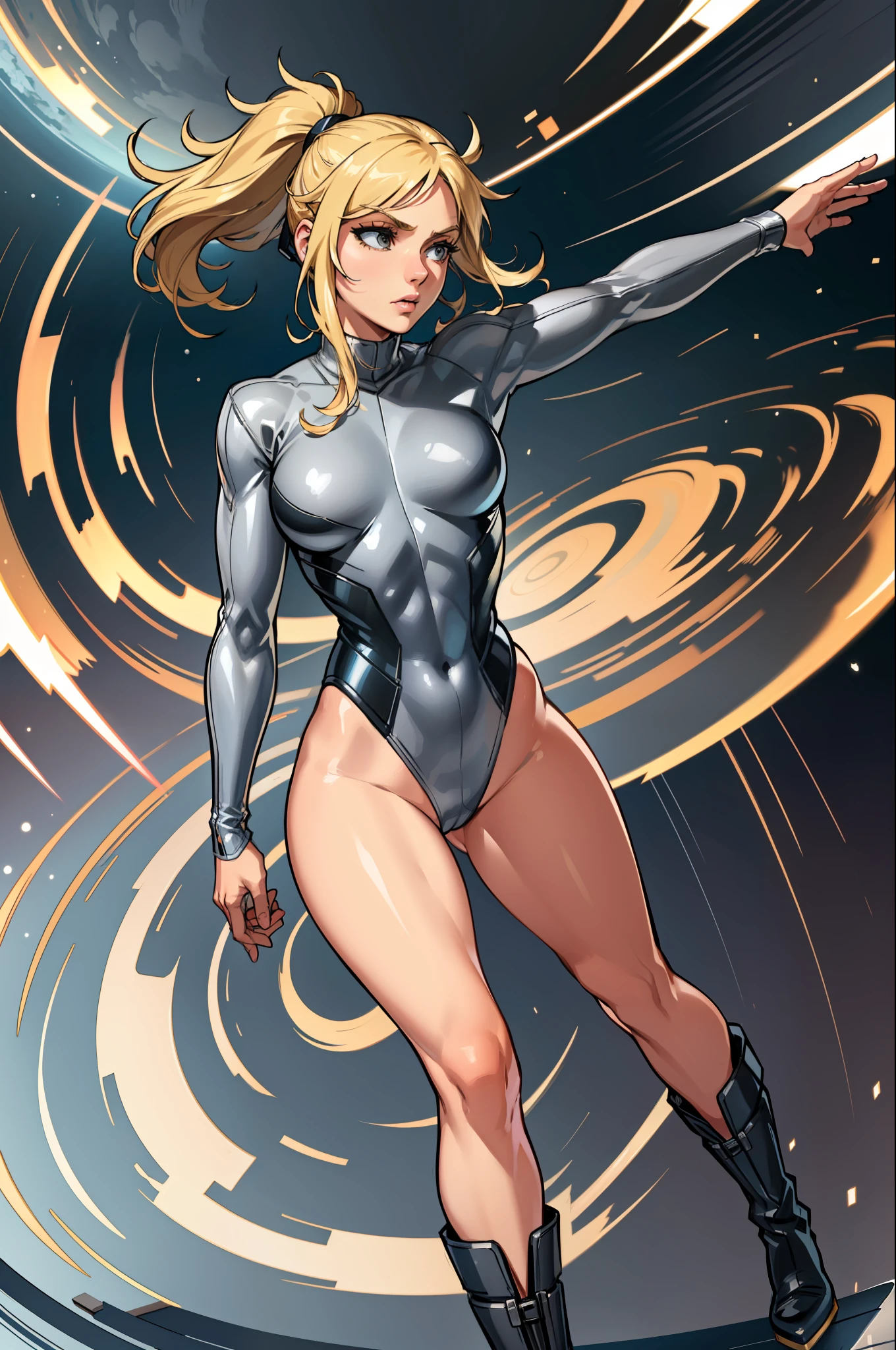 masterpiece, best quality, agrias, grey sweater, black leotard, twirl, spin, blonde hair, superhero, boots, tornado, whirlwind, solo, bare legs, whirl, wind effects, spinning into a tornado, fast spin, stand, time travel, travelling through time, highleg