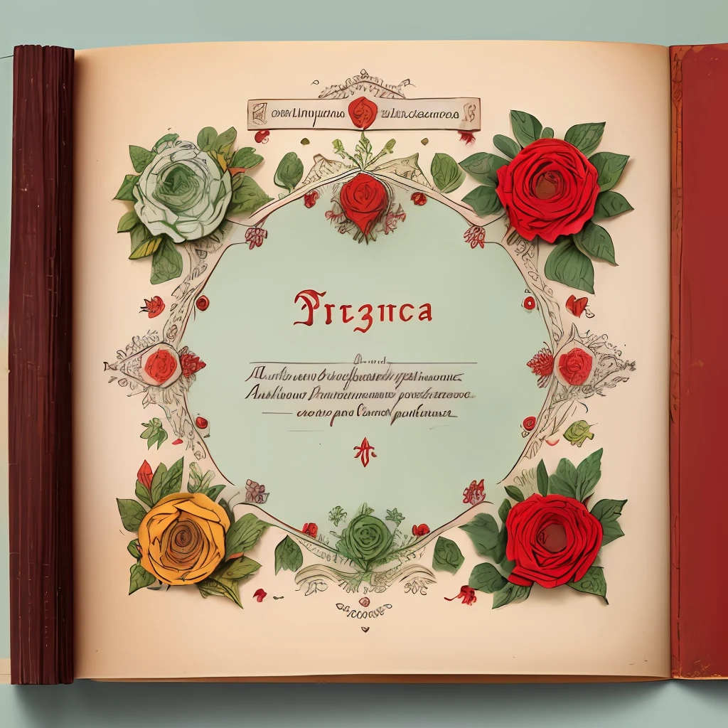 the front cover of an ancient medieval Italian herbal, pale green and red and yellow parchment, text in red ink ink, vignette, rose illustrations, floral illustrations, decorated margins, view from above, centred, extremely high details, scruffy:1.5, rough:1.5, stained:1.5, bright natural colours:1.5