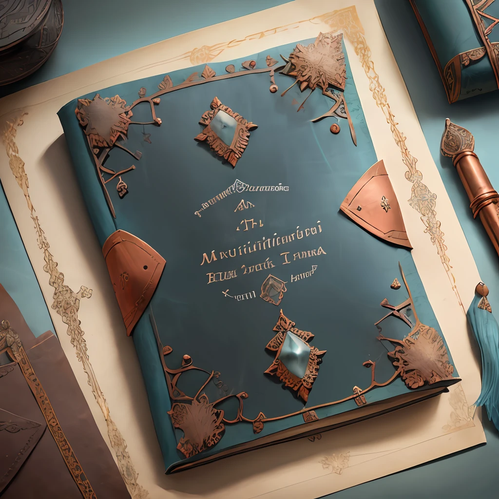 the front cover of an ancient medieval Italian codex, scruffy aquamarine leather with copper and silver decorations, paper etiquette with mystical text in black ink, view from above, centred, extremely high details, scruffy:1.5, rough:1.5, stained:1.5, muted natural colours:1.5