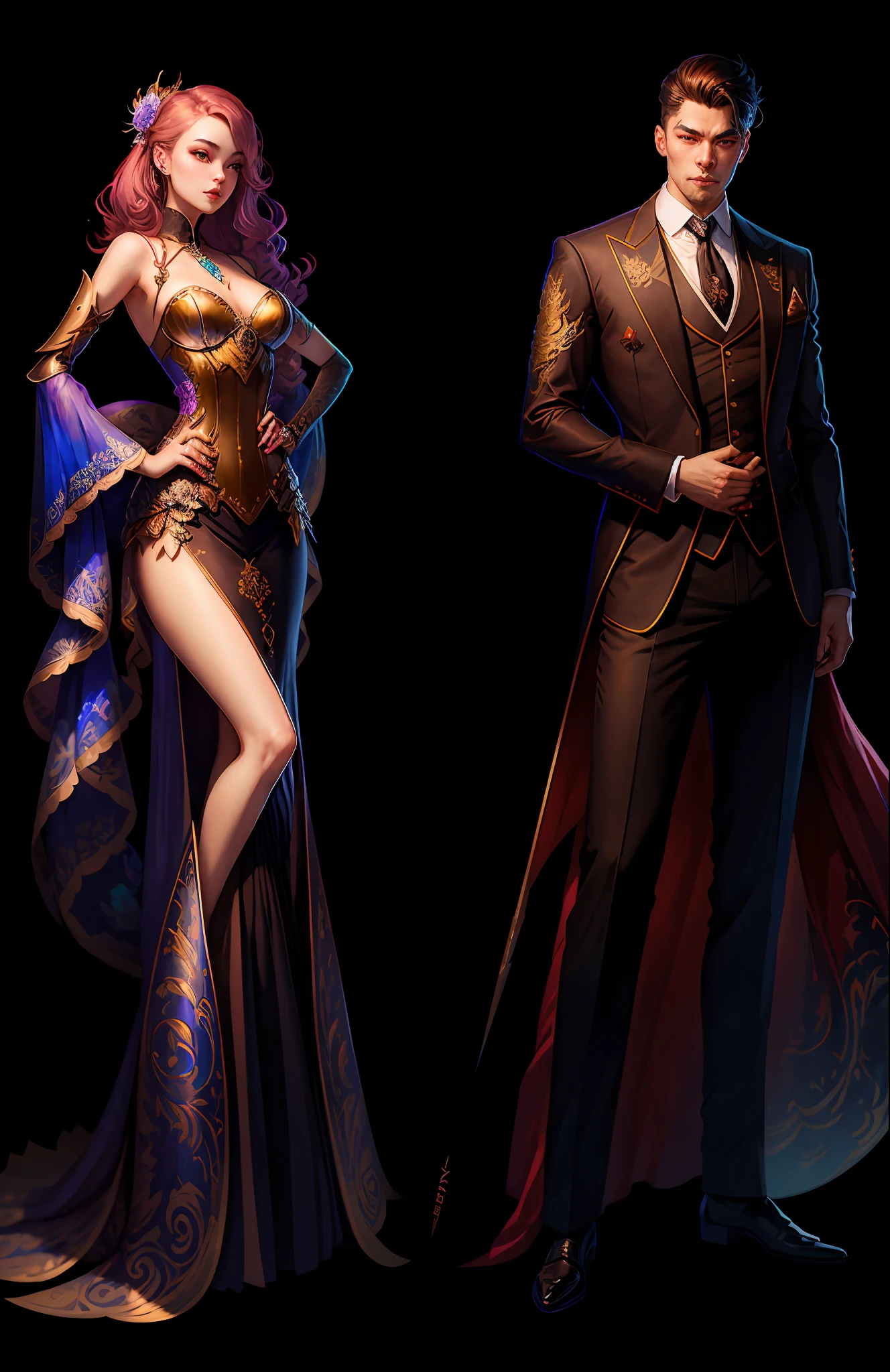 there are two people dressed in formal clothing posing for a picture, wlop and sakimichan, artwork in the style of guweiz, wlop and ross tran, wlop and andrei riabovitchev, neoartcore and charlie bowater, loish and wlop, knight and princess, loish and ross tran
