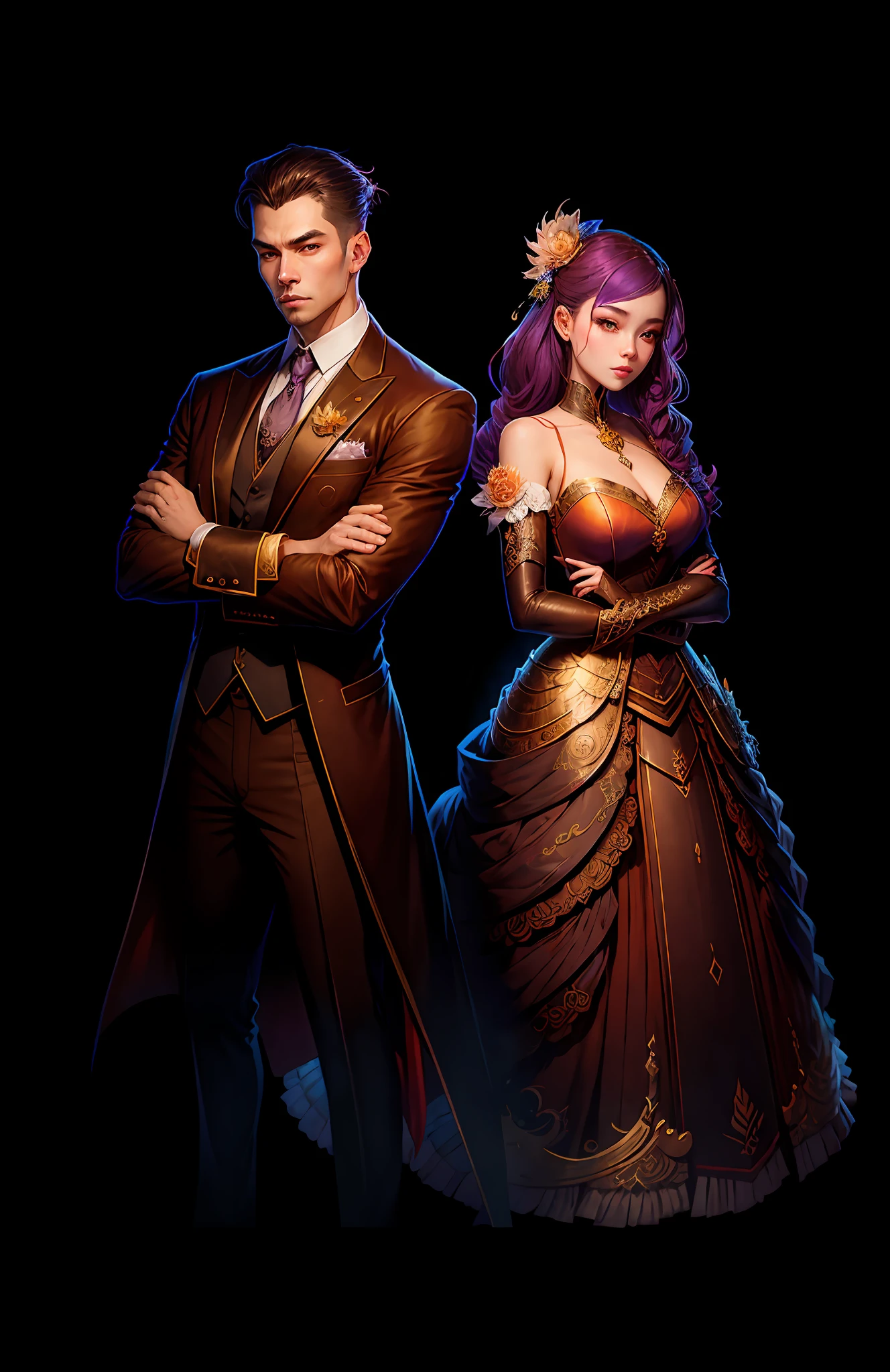 there are two people dressed in formal clothing posing for a picture, wlop and sakimichan, artwork in the style of guweiz, wlop and ross tran, wlop and andrei riabovitchev, neoartcore and charlie bowater, loish and wlop, knight and princess, loish and ross tran