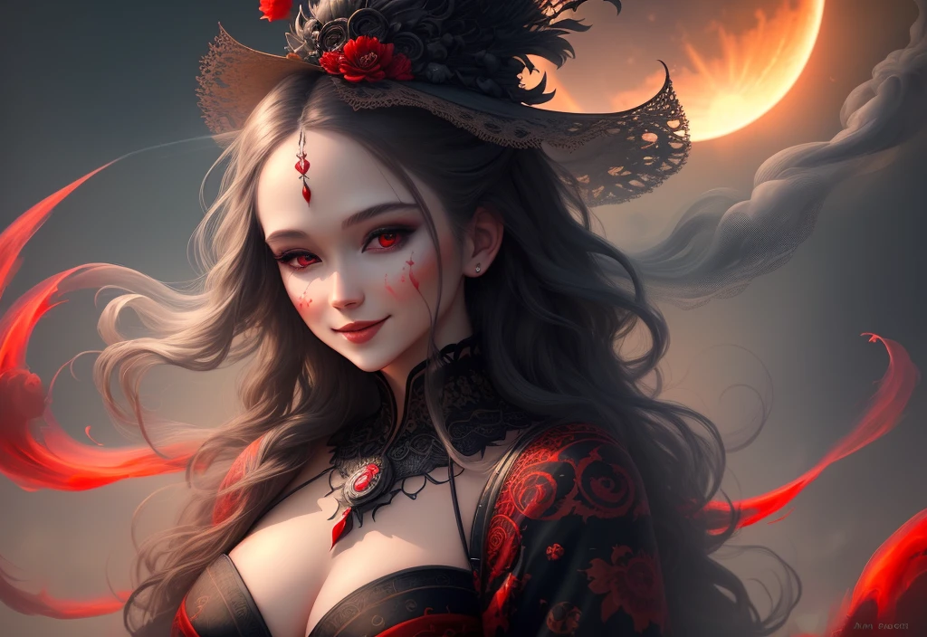 the horror of the sun and moon, Instagram, Pinterest, art station, ai art, digital paint, smoke, mist, vapor, wind, swirls, red, chaos, intricate details, intricate design, beautiful pose, beautiful woman, evil smile