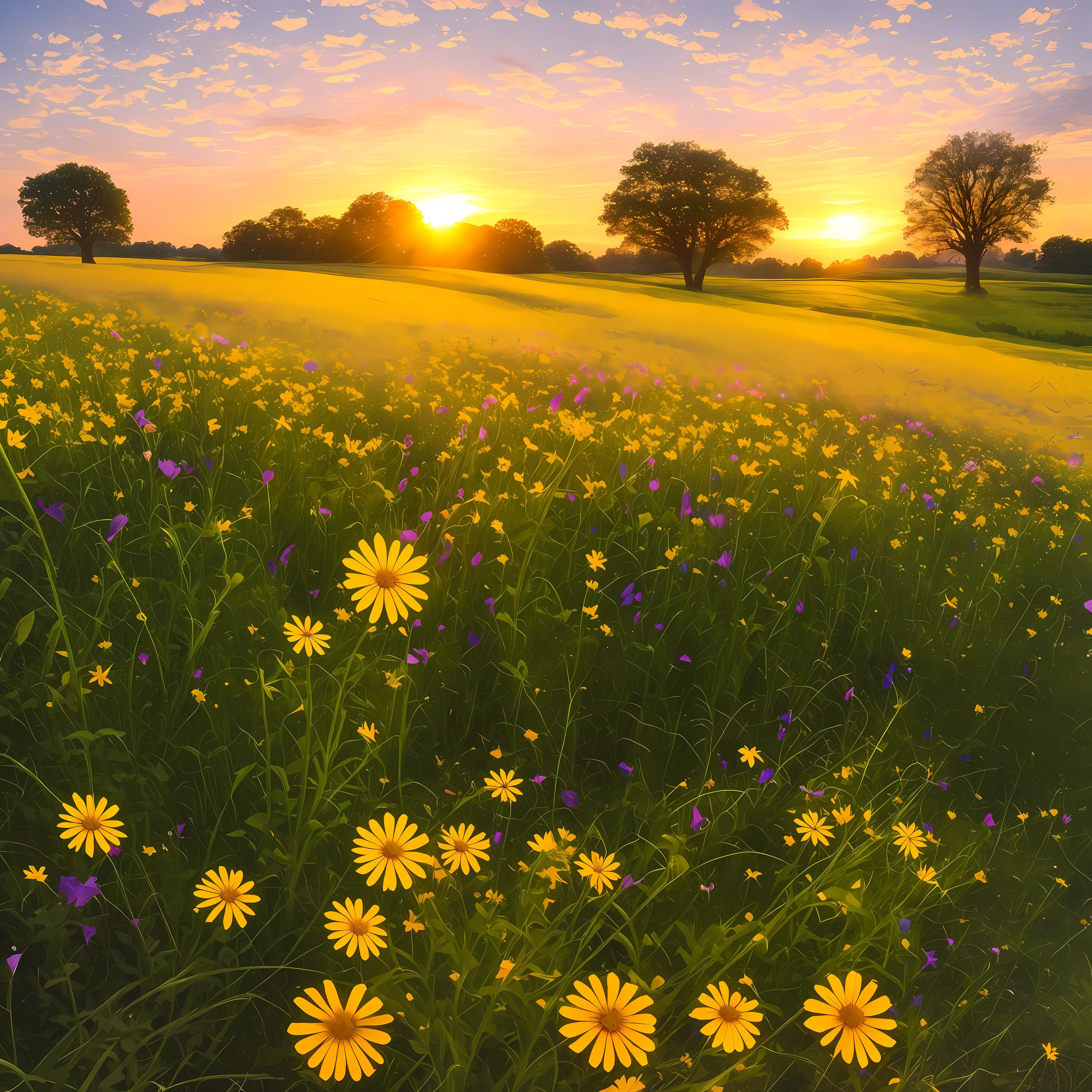 Field of wild flowers, at dawn, beautiful sunrise, very detailed, intricate backgrounds with trees, colorful, perfect lighting