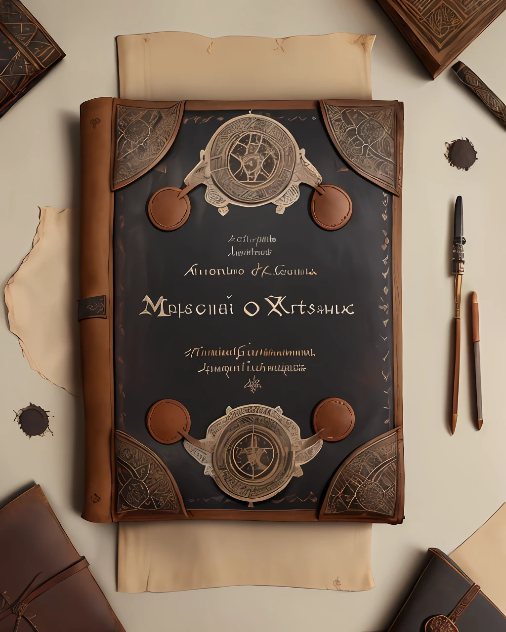the front cover of an ancient medieval Italian codex featuring a parchment etiquette with mystical text in black ink, hard cover, scruffy scruffy brown leather with copper and silver decorations, view from above, centred, extremely high details, scruffy:1.5, rough:1.5, stained:1.5, muted natural colours:1.5