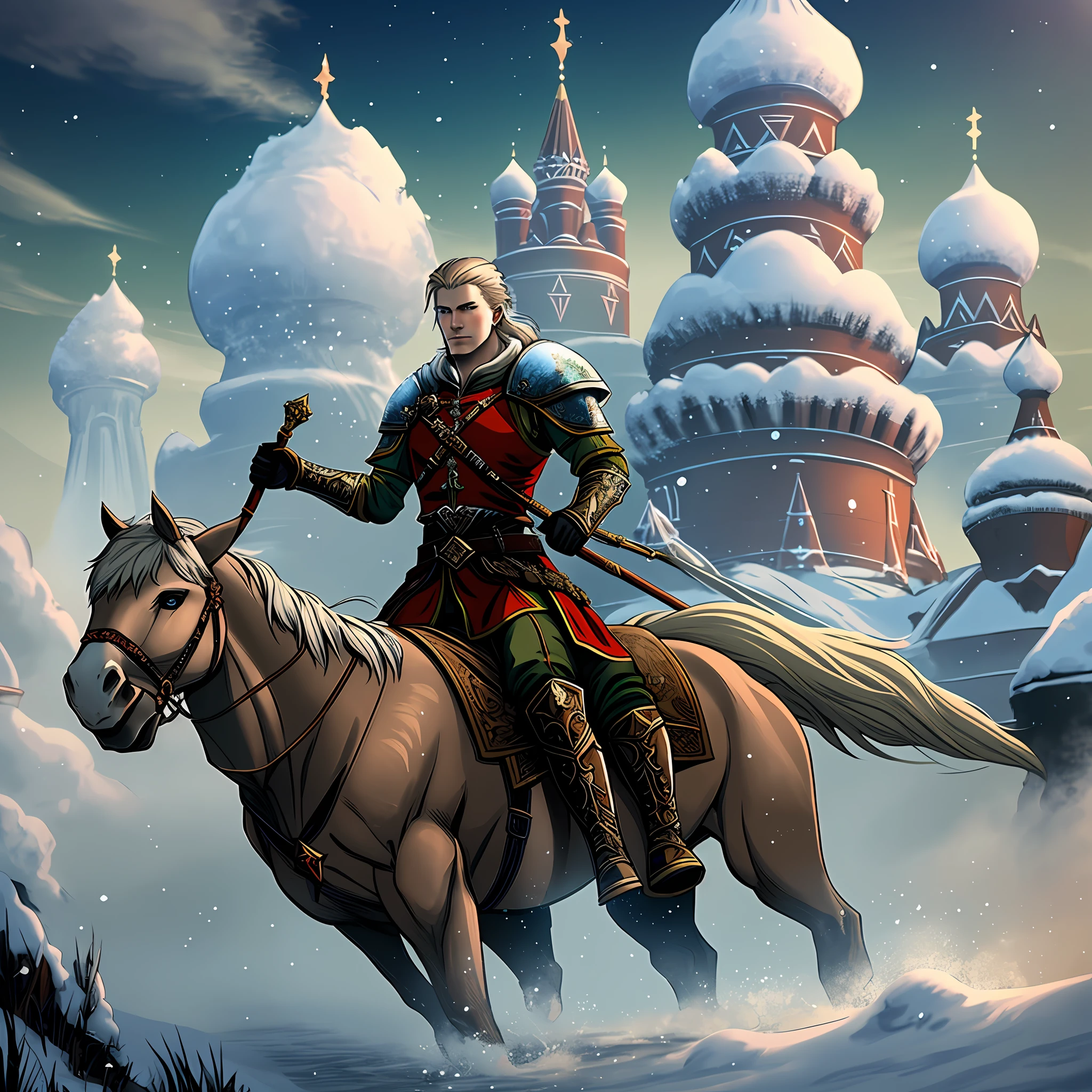 Russian fairy tale warrior, Final Fantasy style, epic, Russian tsardom