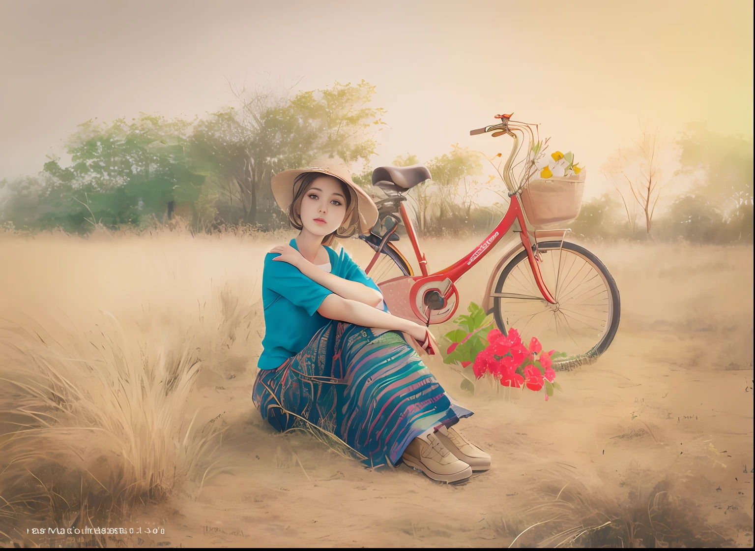 best quality, masterpiece, highres, 1girl,Beautiful face,Warm light,realistic,correct pose,green grass,flower,red bicycle,bird