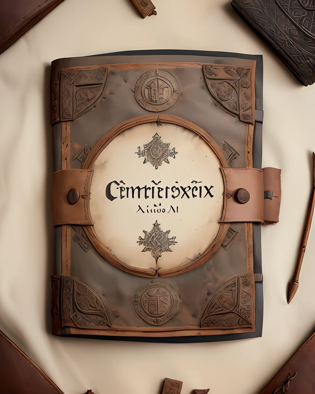 the front cover of an ancient medieval Italian codex featuring a central parchment label with text in black ink, (((hard cover))), scruffy scruffy brown leather with copper and silver decorations, view from above, centred, extremely high details, scruffy:1.5, rough:1.5, stained:1.5, muted natural colours:1.5