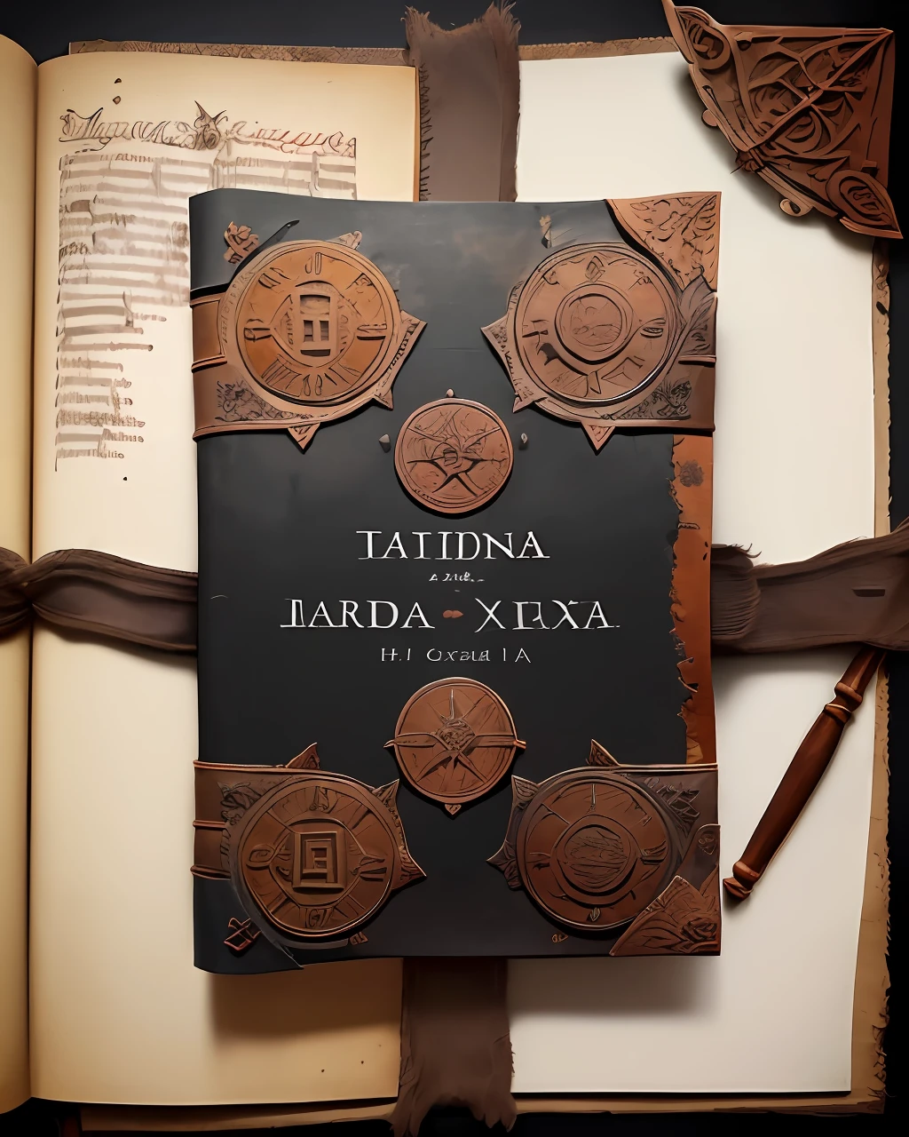 the front cover of an ancient medieval Italian codex featuring a central parchment label with text in black ink, (((hard cover))), scruffy scruffy brown leather with copper and silver decorations, view from above, centred, extremely high details, scruffy:1.5, rough:1.5, stained:1.5, muted natural colours:1.5