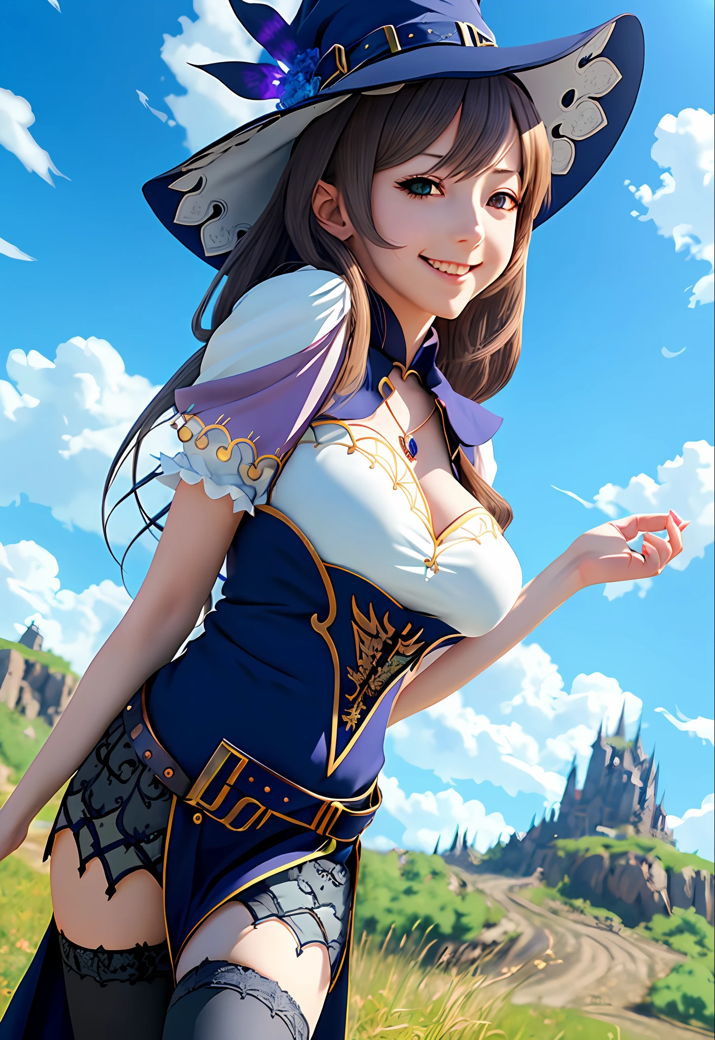 A young beautiful witch, smiling, (full body, detailed face), detailed cleavage, outdoor, stockings, blue sky, natural lighting, anime style, (8K, UHD, hires, high resolution, best quality), 1girl, masterpiece, hyperdetailed, realistic lighting, realistic, low angle camera, (high quality anime), lisa \(genshin impact\)