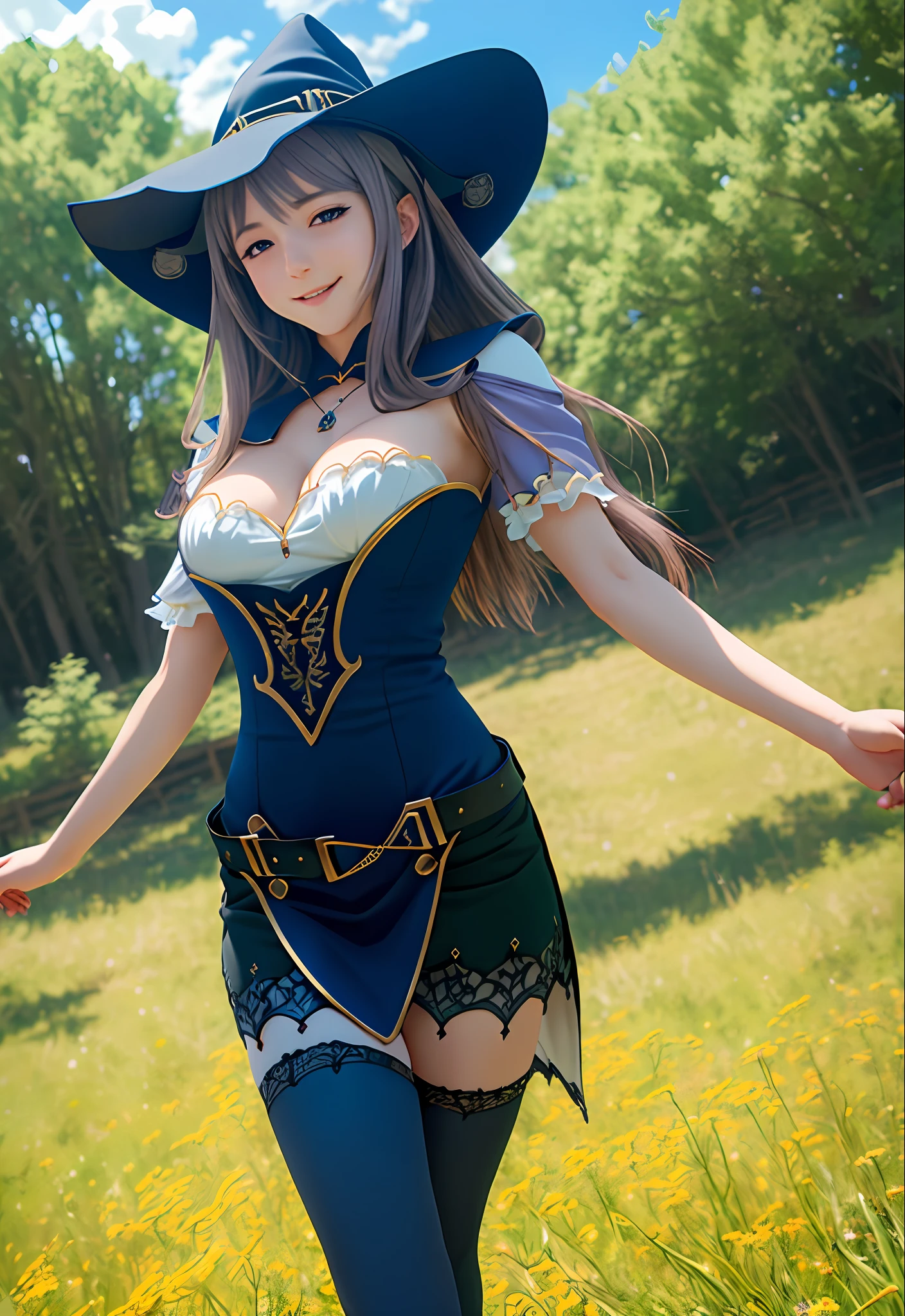 A young beautiful witch, smiling, (full body, detailed face), detailed cleavage, outdoor, stockings, blue sky, natural lighting, anime style, (8K, UHD, hires, high resolution, best quality), 1girl, masterpiece, hyperdetailed, realistic lighting, realistic, low angle camera, (high quality anime), lisa \(genshin impact\)