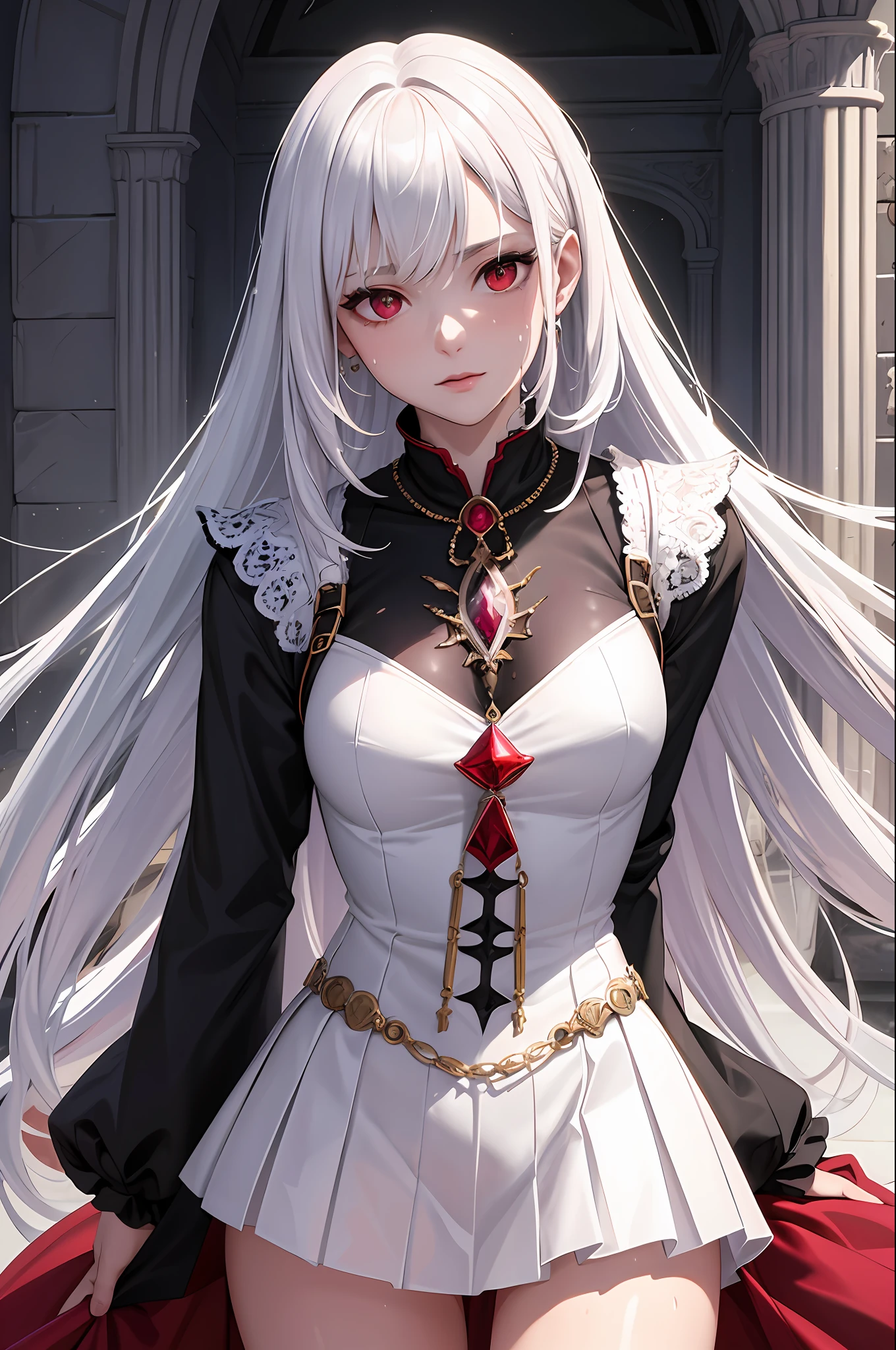 (masterpiece, top quality, best quality, official art, beautiful and aesthetic:1.2), (1girl:1.3), (fractal art:1.3),absurd, masterpiece, best quality, realistic, hyper-detailed, (shiny skin, sweaty:1.4), looking at viewer, slender, 1girl, solo, white sneakers, white miniskirt, straight long hair, princess cut, purple hair, red eyes, (thick thighs:0.5), dynamic lighting, high resolution, sharp focus, depth of field, small breasts,vampire, red alchemy potions, red alchemy potion, potion bottle, glowing red potion, masterpiece, best quality, ultra-detailed, illustration, ultra-detailed face, best quality face, evil, 30 years old, adult, 1girl, 30 years old, no human, white hair, alchemy outfit, intricate detailed outfit,closed mouth, necromancer
