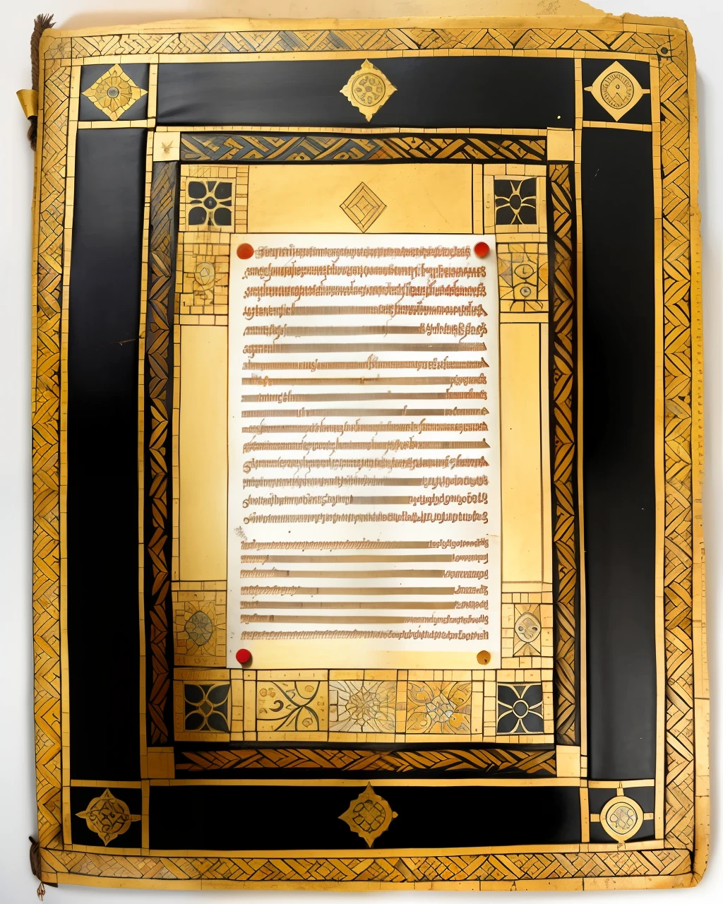 the front cover of an ancient medieval Turkish codex, polychrome mosaic leather, title in black and gold and red ink, tooling, gold furniture, view from above, centred, extremely high details, scruffy:1.5, rough:1.5, stained:1.5, bright natural colours:1.5