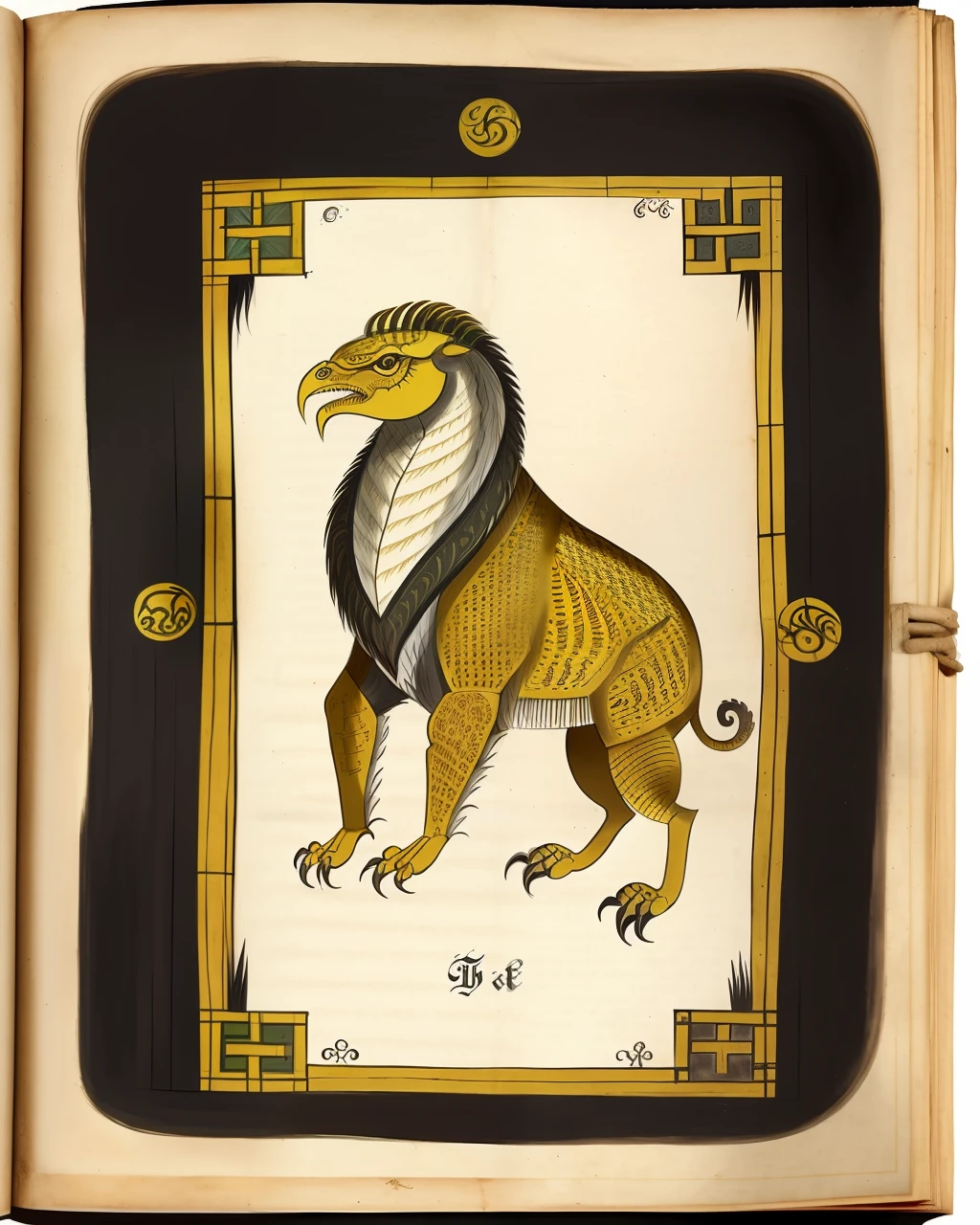 the front cover of an ancient medieval African bestiary, golden text, black and ebony and green and red and yellow and brown parchment, exotic animal illustrations, tooling, gold furniture, view from above, centred, extremely high details, scruffy:1.5, rough:1.5, stained:1.5, bright natural colours:1.5