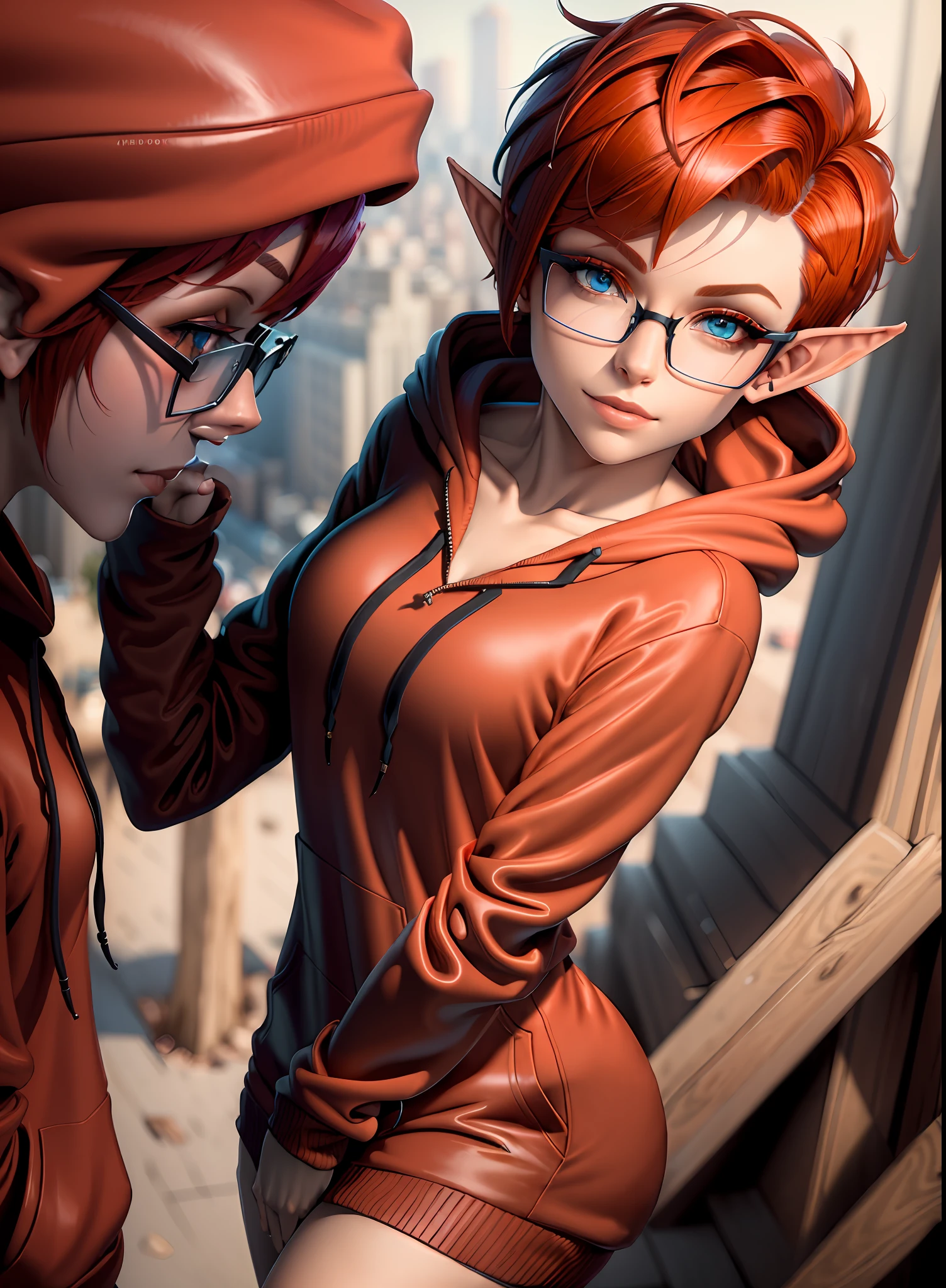 (((headshot))) (((Masterpiece))), best quality, ultra-detailed CG unity 8k wallpaper (1girl:1.3) ((androgynous female)) ((short red pixie cut hair)), ((blue eyes)), ((black glasses)) ((elf ears)) (((red hoodie))) (soft smile)